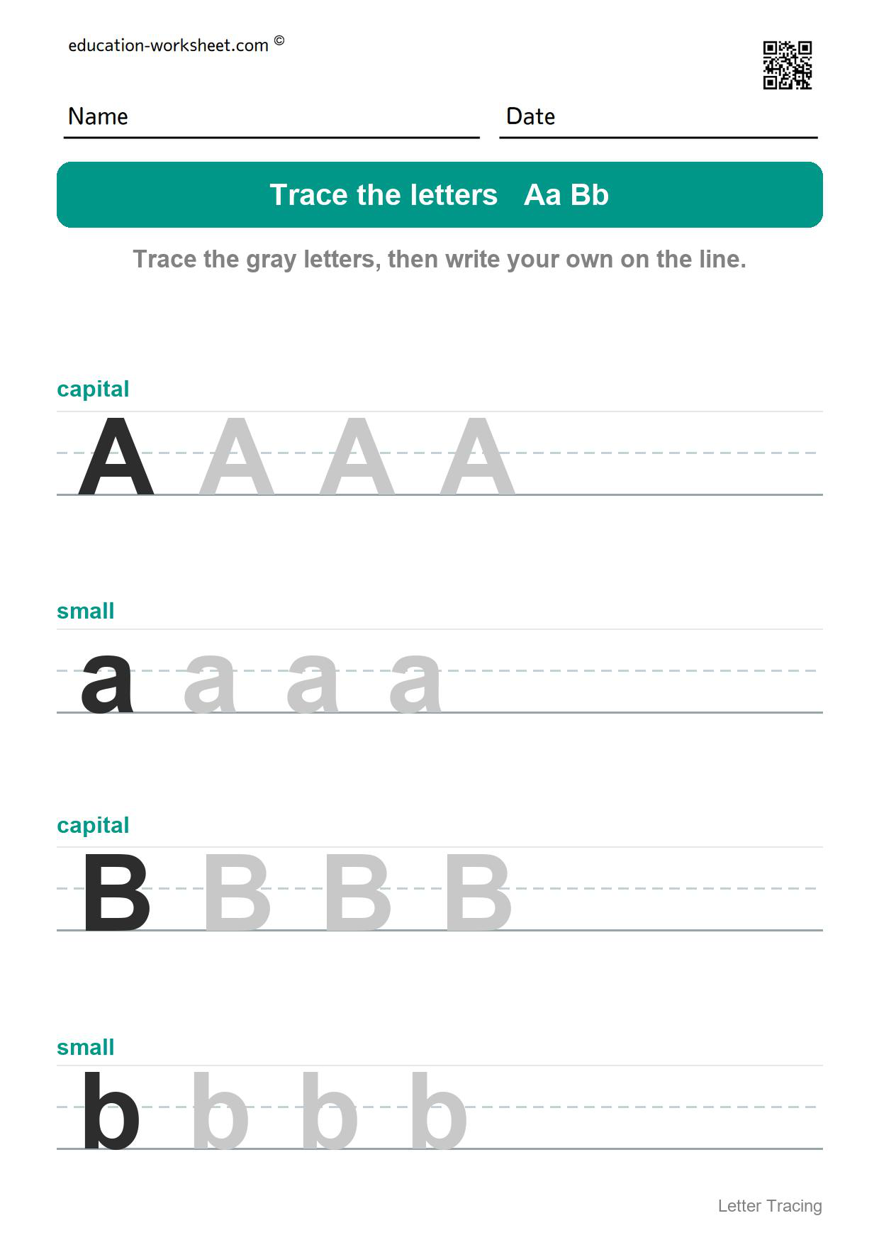 Trace the letters Aa and Bb - Free Letter Tracing Worksheets A to Z for Kindergarten - Capital and Small Letters
