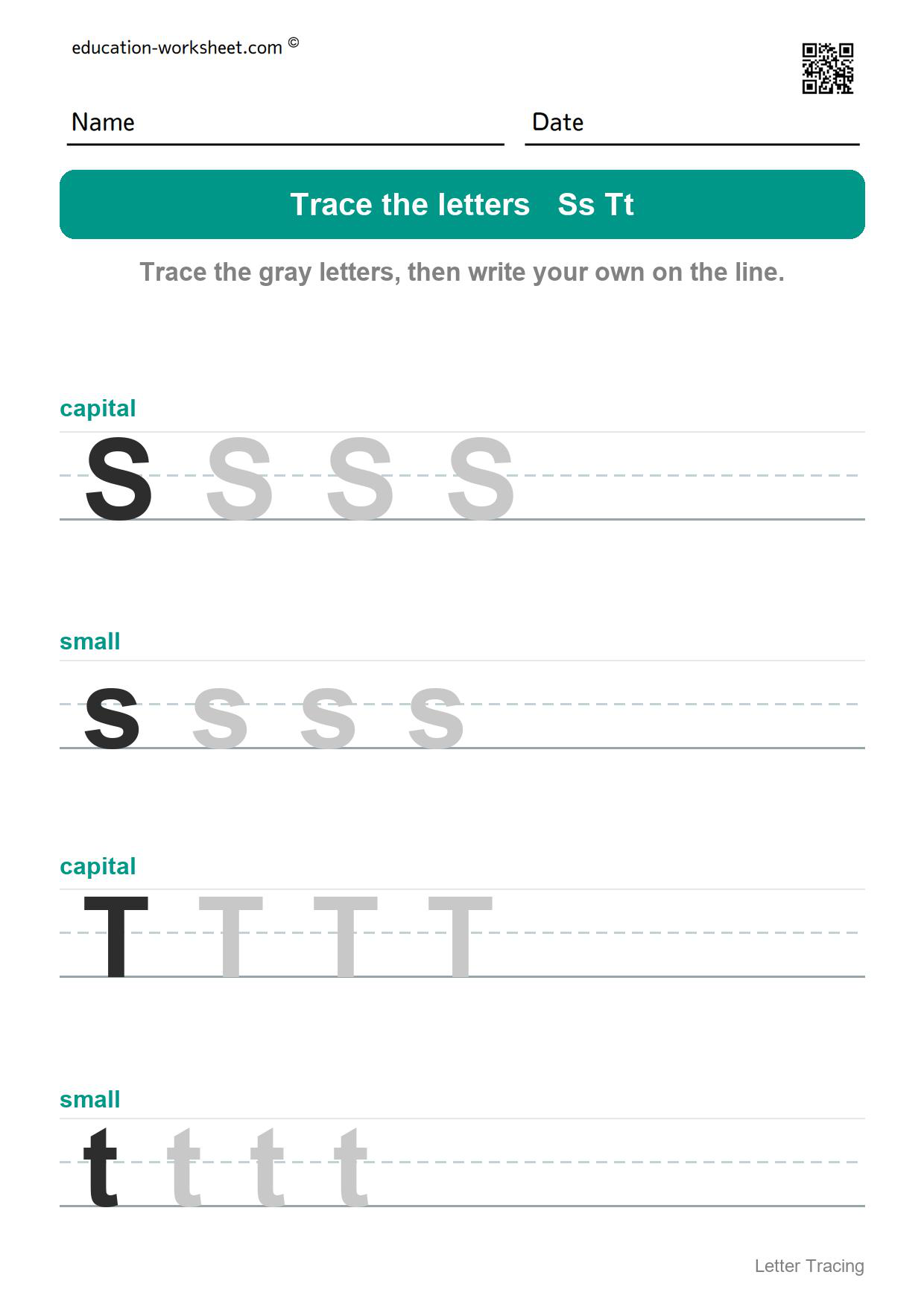 Trace the letters Ss and Tt - Free Letter Tracing Worksheets A to Z for Kindergarten - Capital and Small Letters