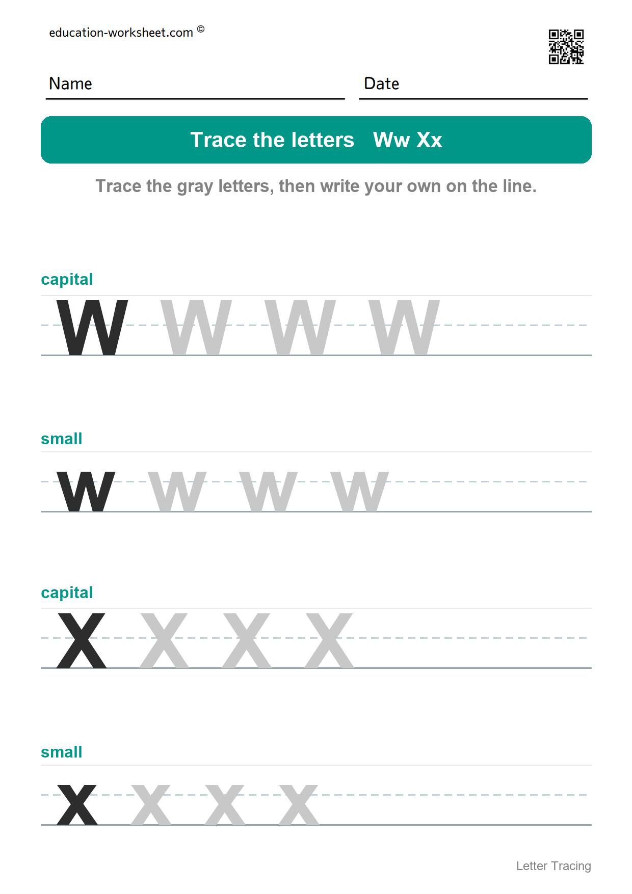 Trace the letters Ww and Xx - Free Letter Tracing Worksheets A to Z for Kindergarten - Capital and Small Letters
