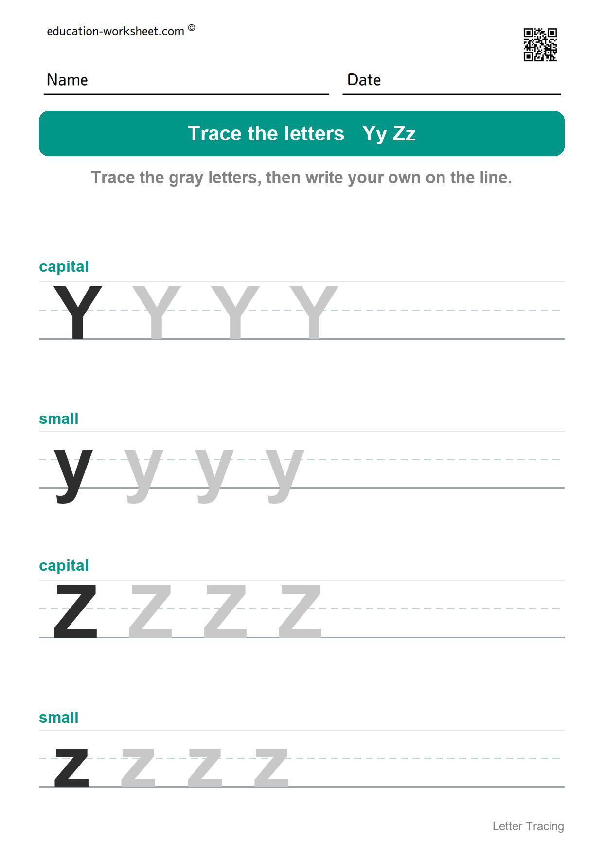 Trace the letters Yy and Zz - Free Letter Tracing Worksheets A to Z for Kindergarten - Capital and Small Letters