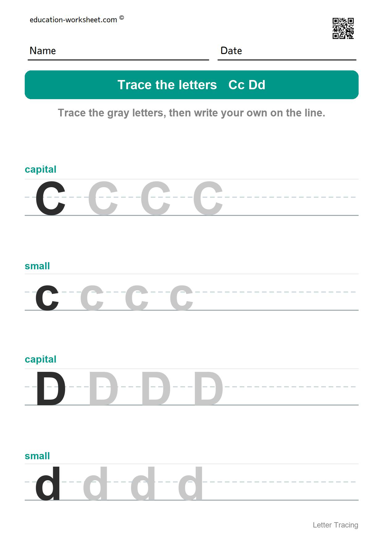 Trace the letters Cc and Dd - Free Letter Tracing Worksheets A to Z for Kindergarten - Capital and Small Letters