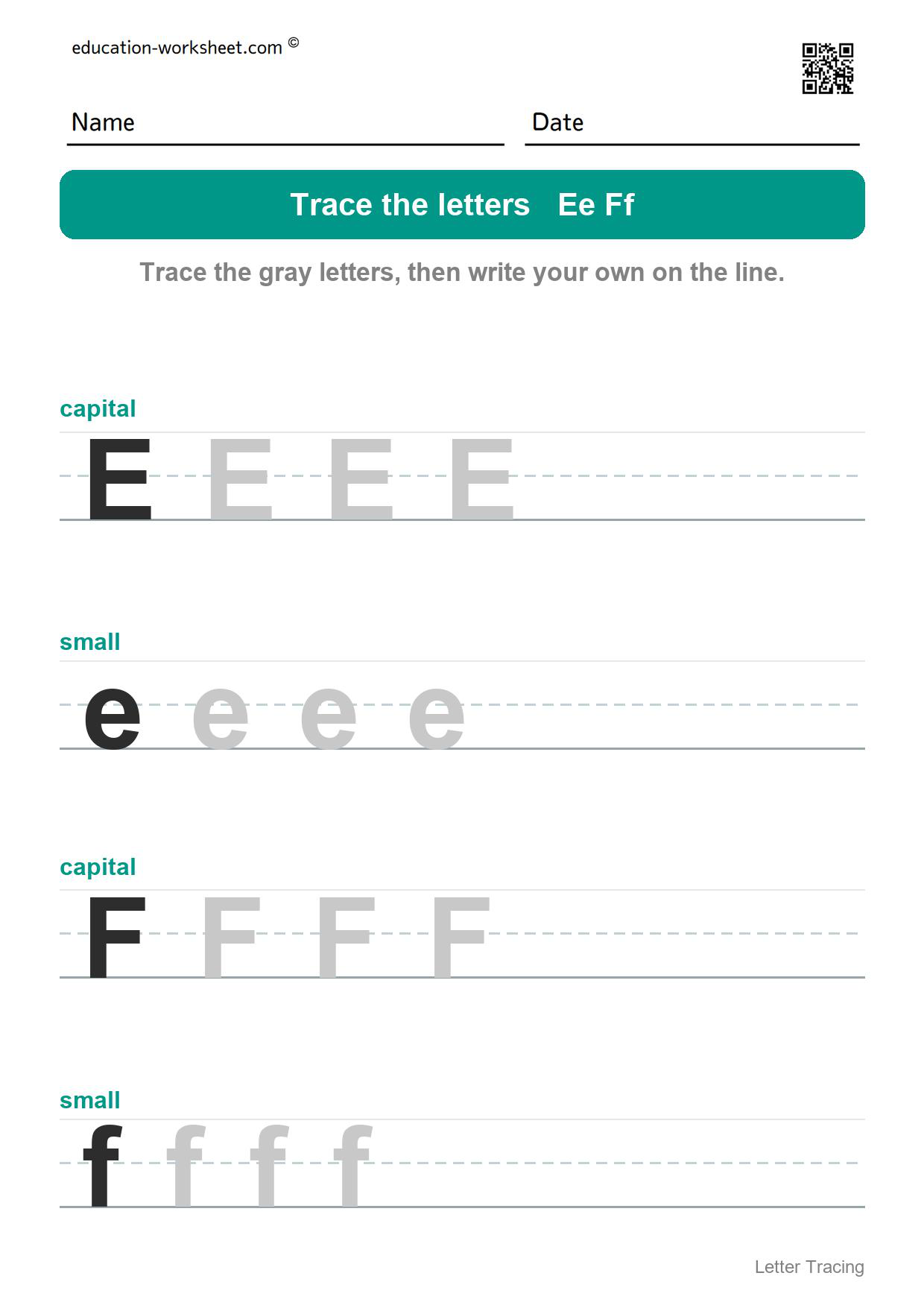 Trace the letters Ee and Ff - Free Letter Tracing Worksheets A to Z for Kindergarten - Capital and Small Letters