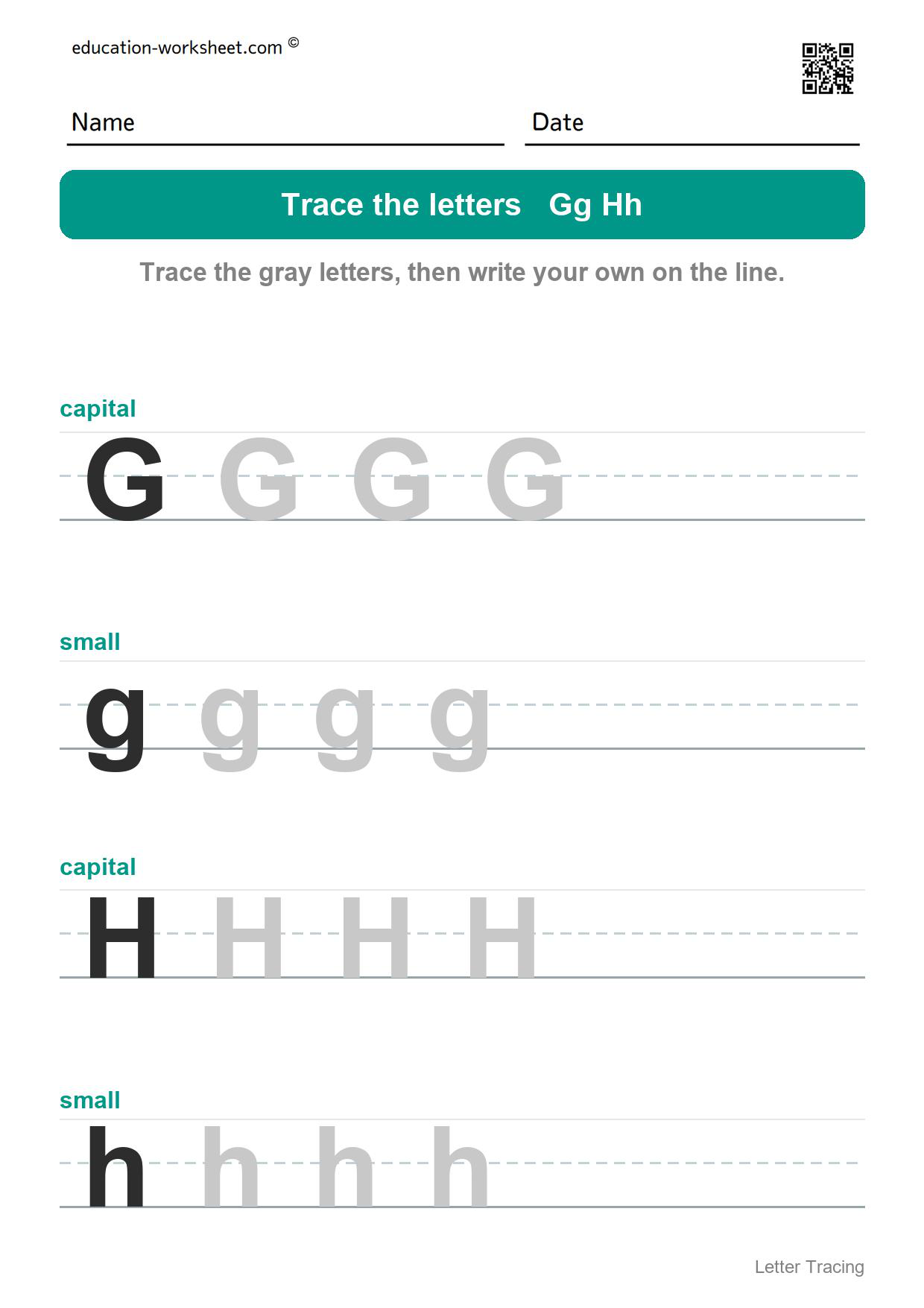 Trace the letters Gg and Hh - Free Letter Tracing Worksheets A to Z for Kindergarten - Capital and Small Letters