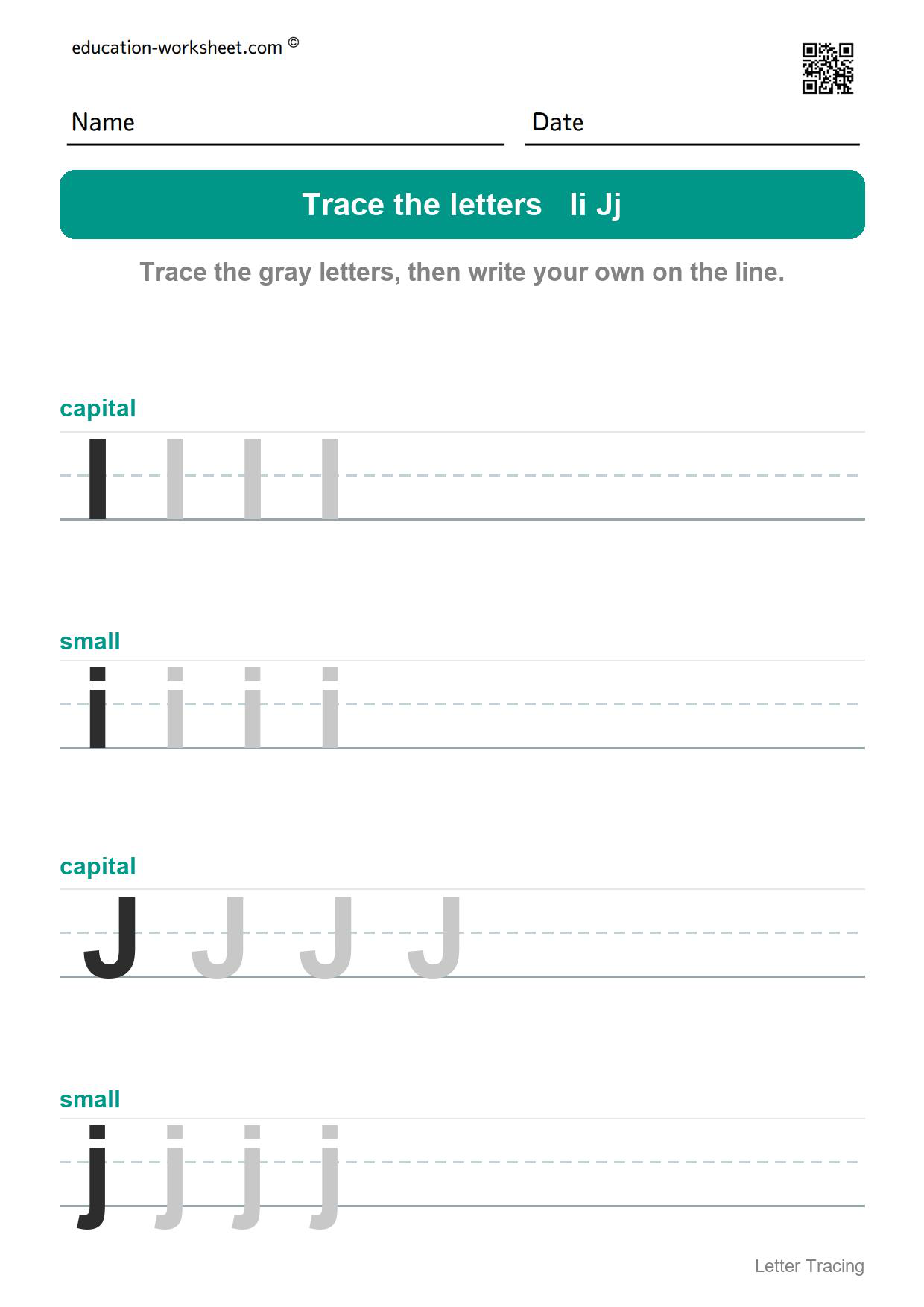 Trace the letters Ii and Jj - Free Letter Tracing Worksheets A to Z for Kindergarten - Capital and Small Letters