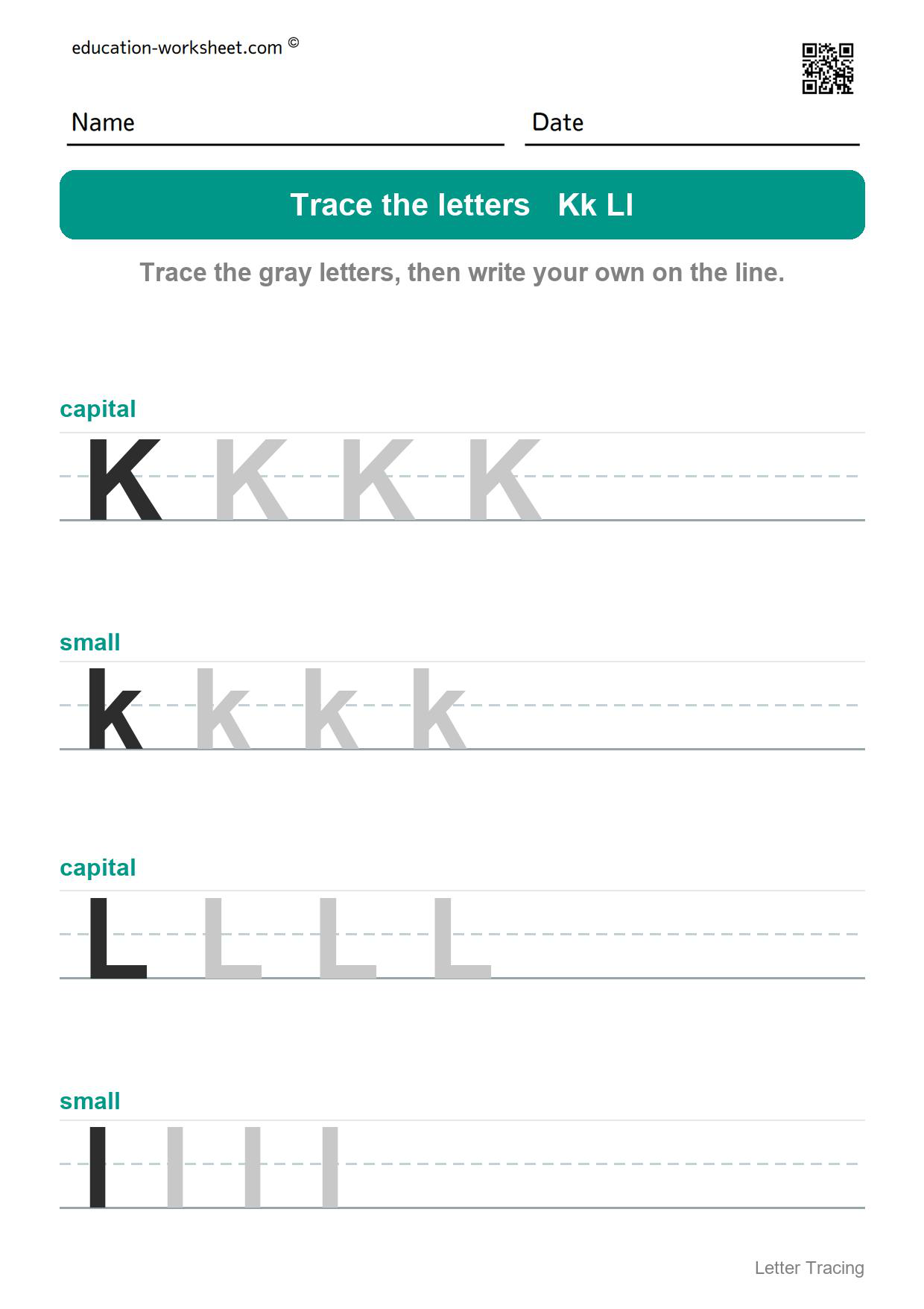 Trace the letters Kk and Ll - Free Letter Tracing Worksheets A to Z for Kindergarten - Capital and Small Letters