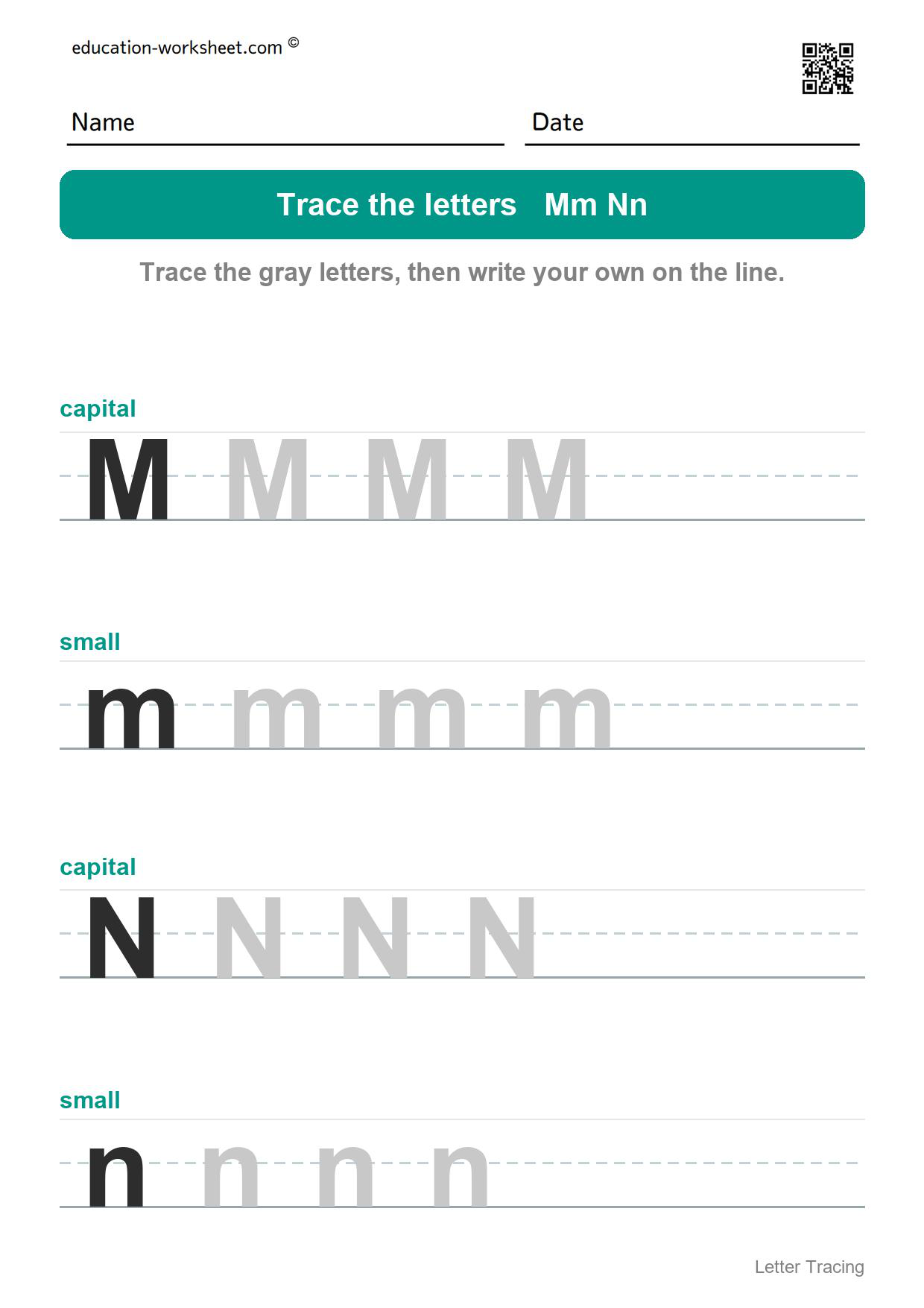 Trace the letters Mm and Nn - Free Letter Tracing Worksheets A to Z for Kindergarten - Capital and Small Letters