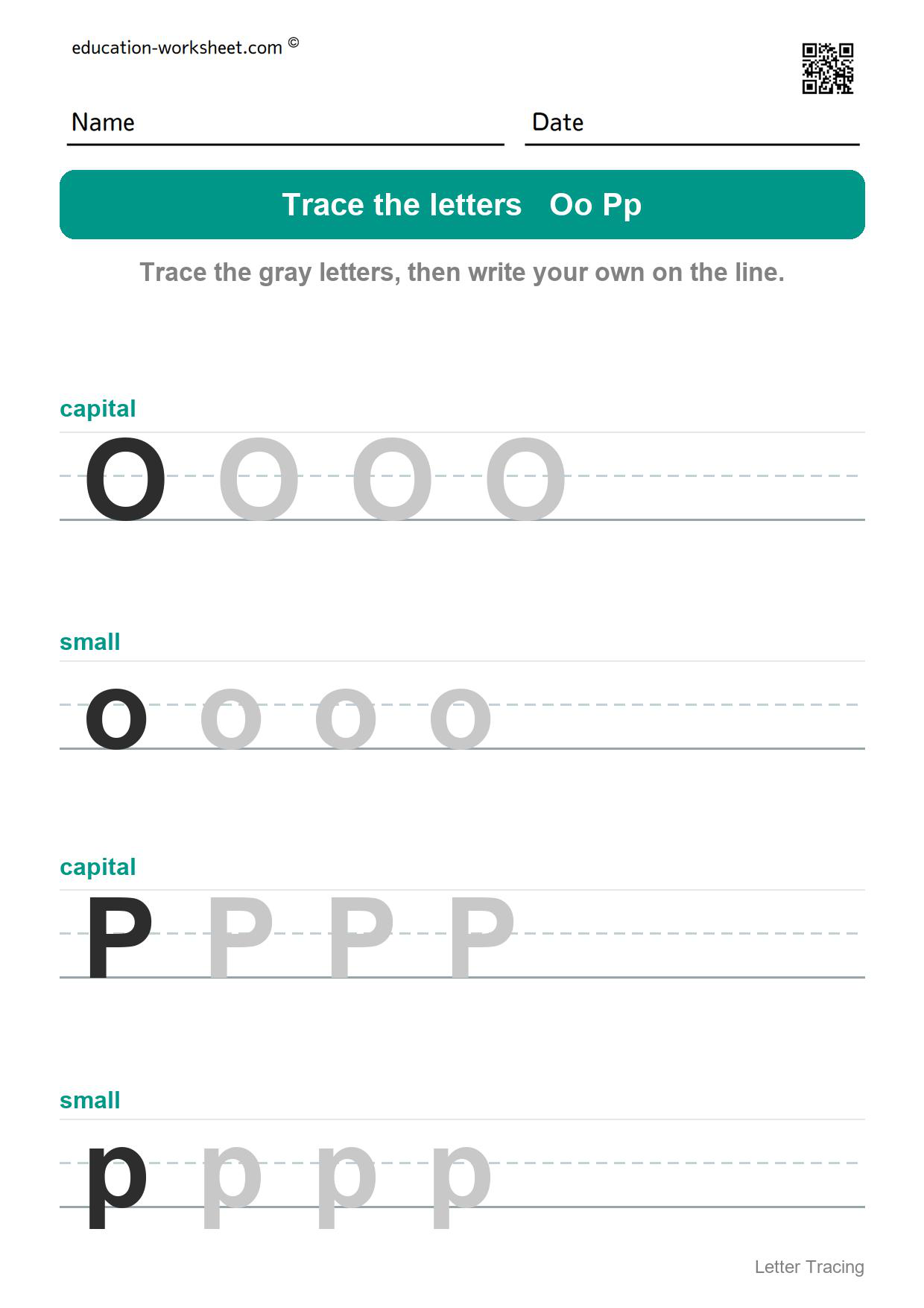 Trace the letters Oo and Pp - Free Letter Tracing Worksheets A to Z for Kindergarten - Capital and Small Letters