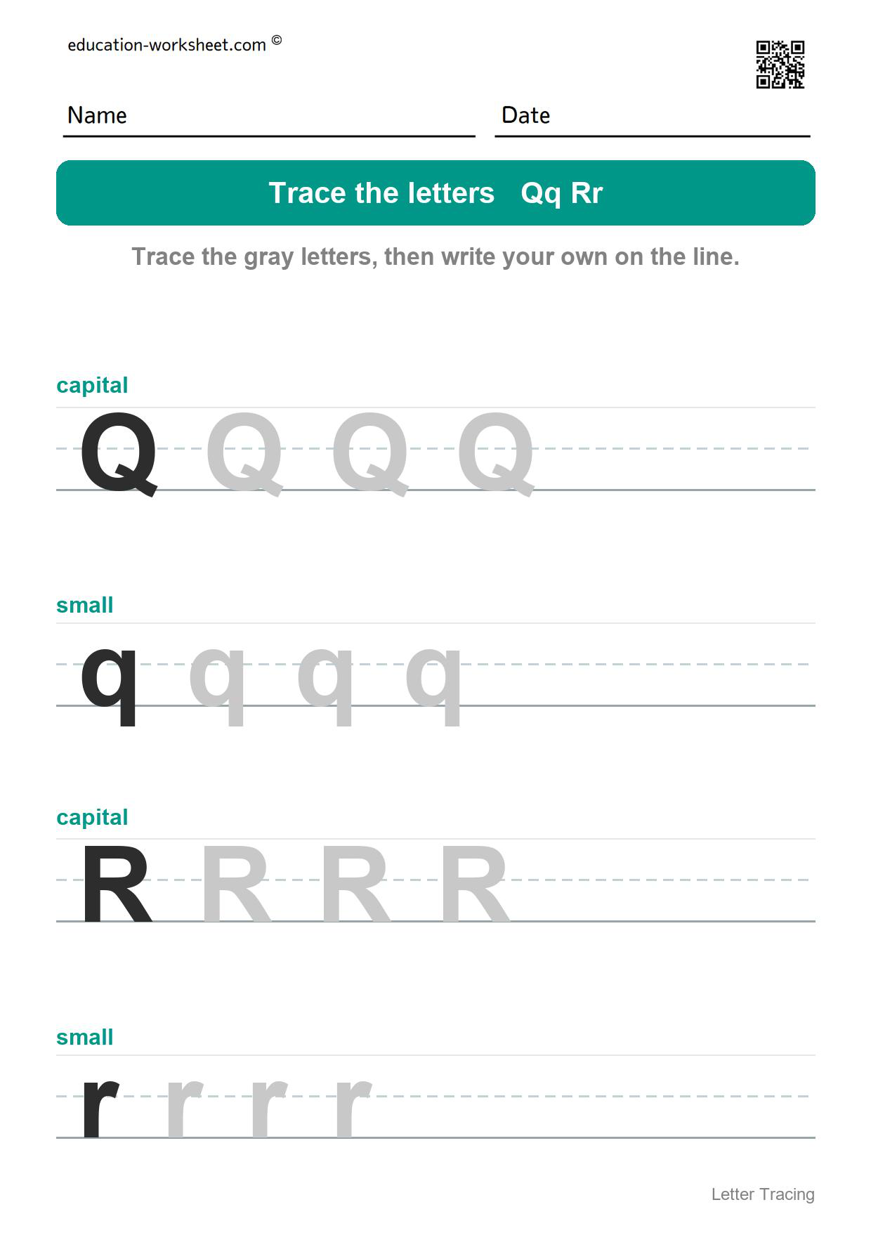 Trace the letters Qq and Rr - Free Letter Tracing Worksheets A to Z for Kindergarten - Capital and Small Letters