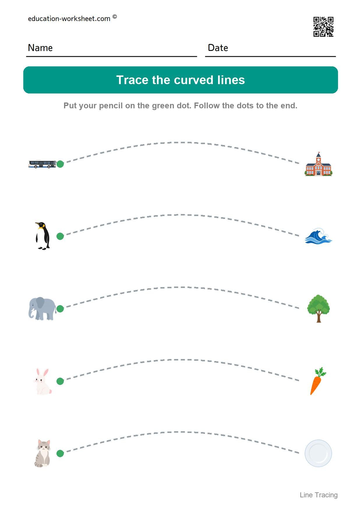 Trace the curved lines (Set 9) - Free Line Tracing Worksheets for Preschool and Kindergarten