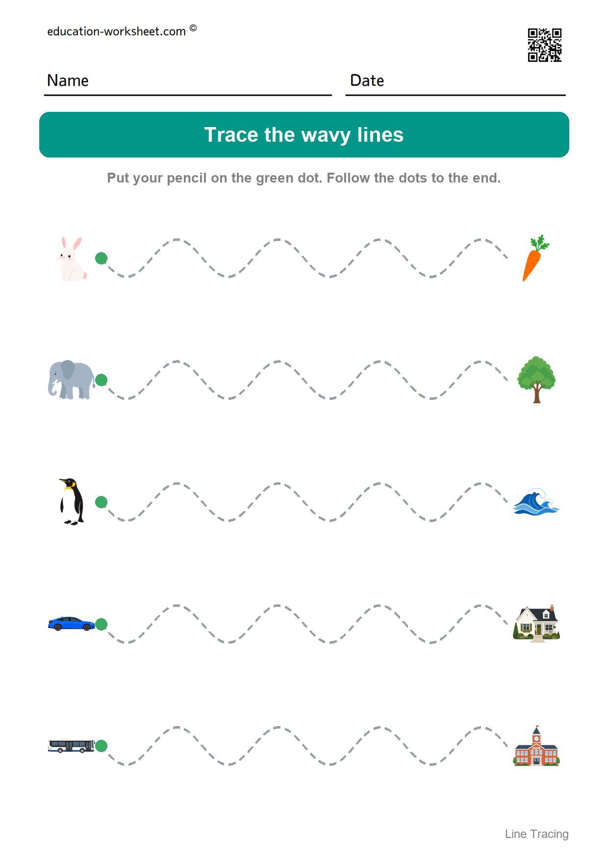 Trace the wavy lines (Set 10) - Free Line Tracing Worksheets for Preschool and Kindergarten