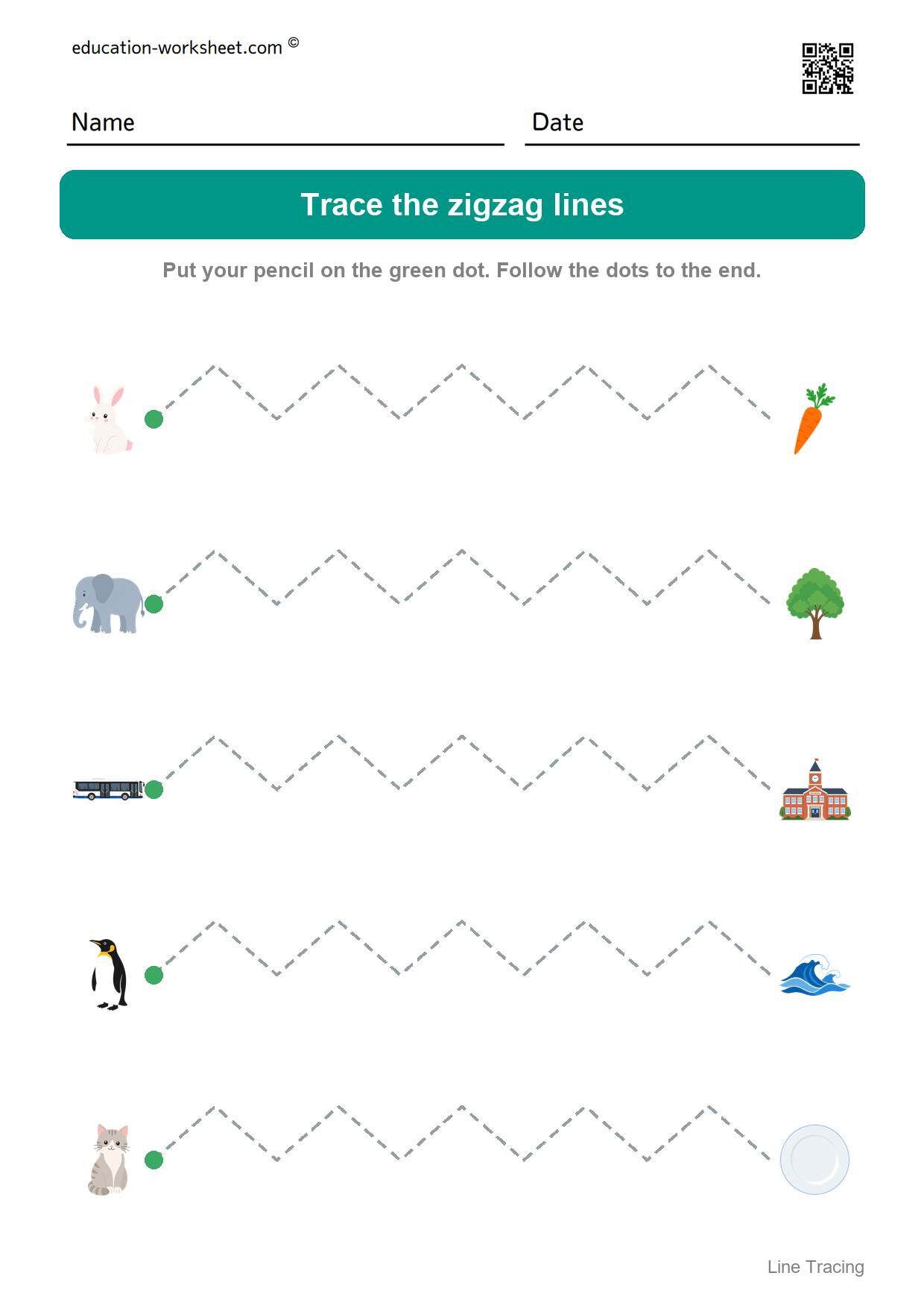 Trace the zigzag lines (Set 11) - Free Line Tracing Worksheets for Preschool and Kindergarten