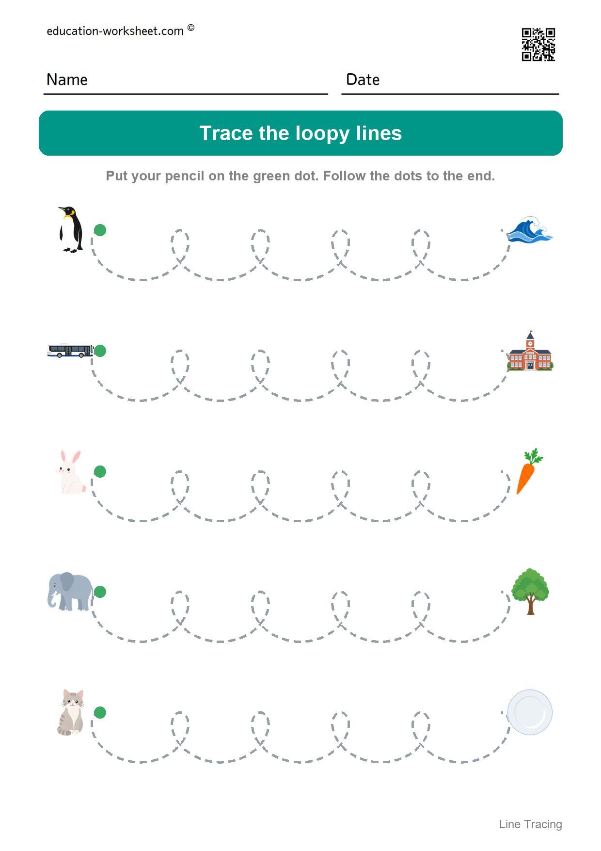Trace the loopy lines (Set 12) - Free Line Tracing Worksheets for Preschool and Kindergarten