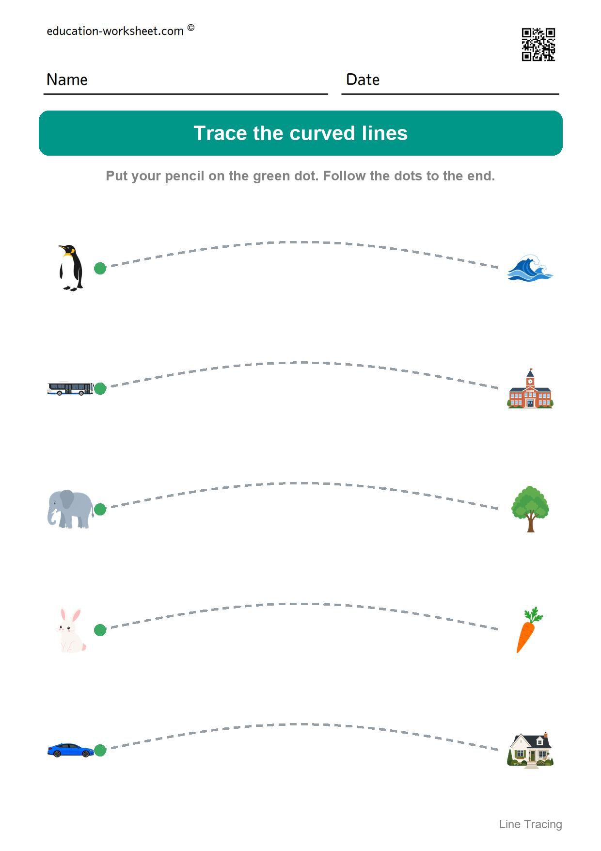 Trace the curved lines (Set 3) - Free Line Tracing Worksheets for Preschool and Kindergarten
