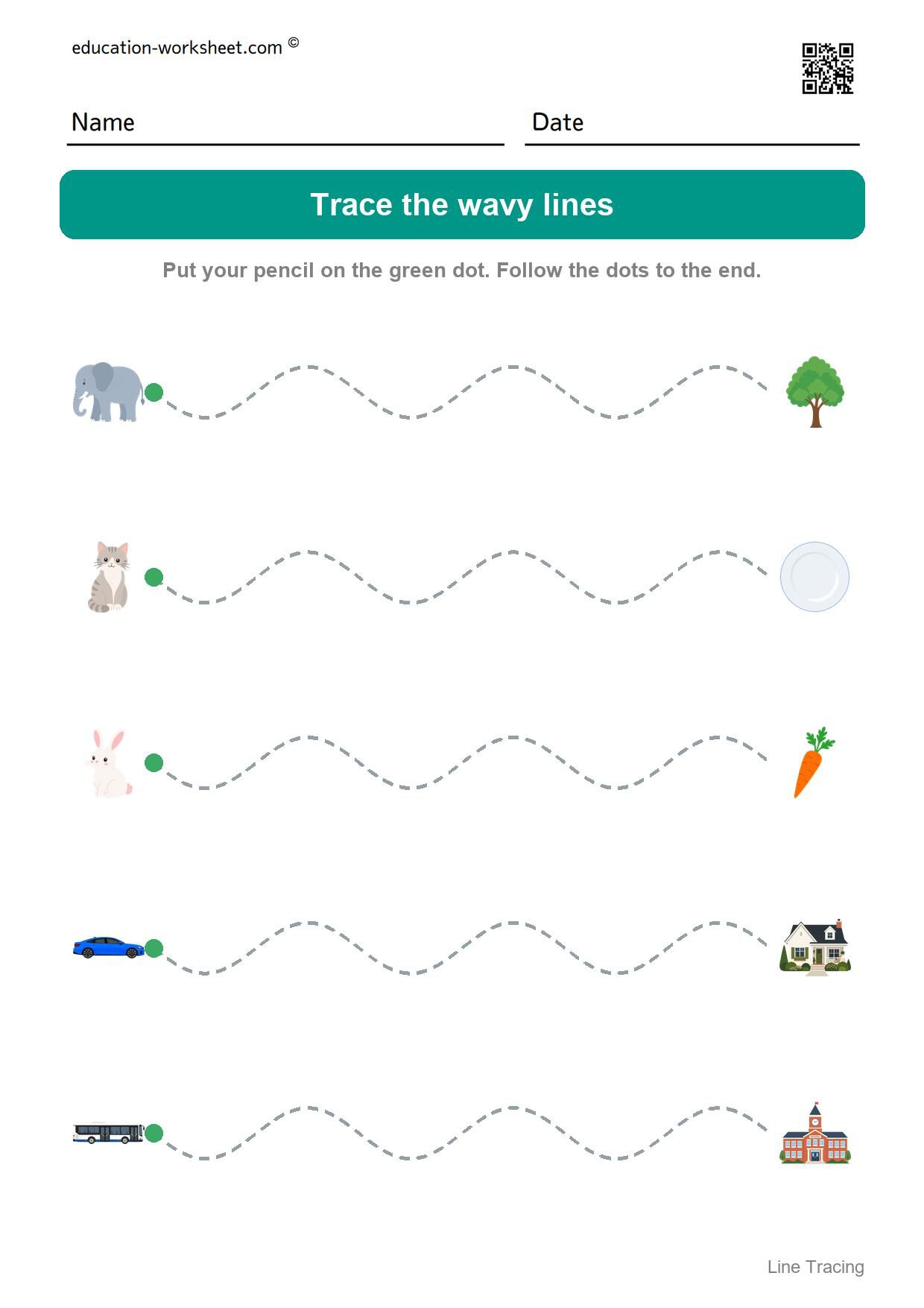 Trace the wavy lines (Set 4) - Free Line Tracing Worksheets for Preschool and Kindergarten