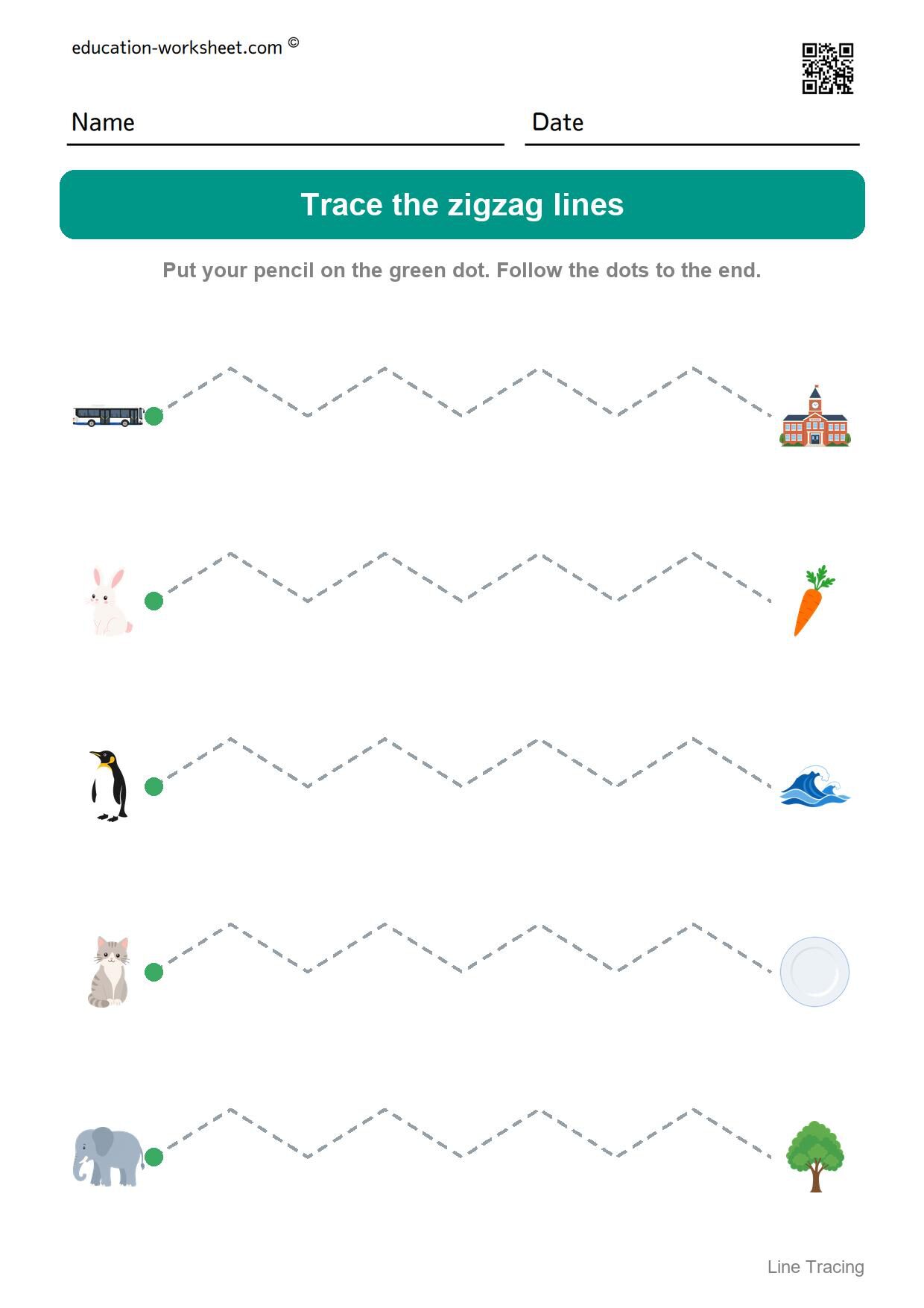 Trace the zigzag lines (Set 5) - Free Line Tracing Worksheets for Preschool and Kindergarten