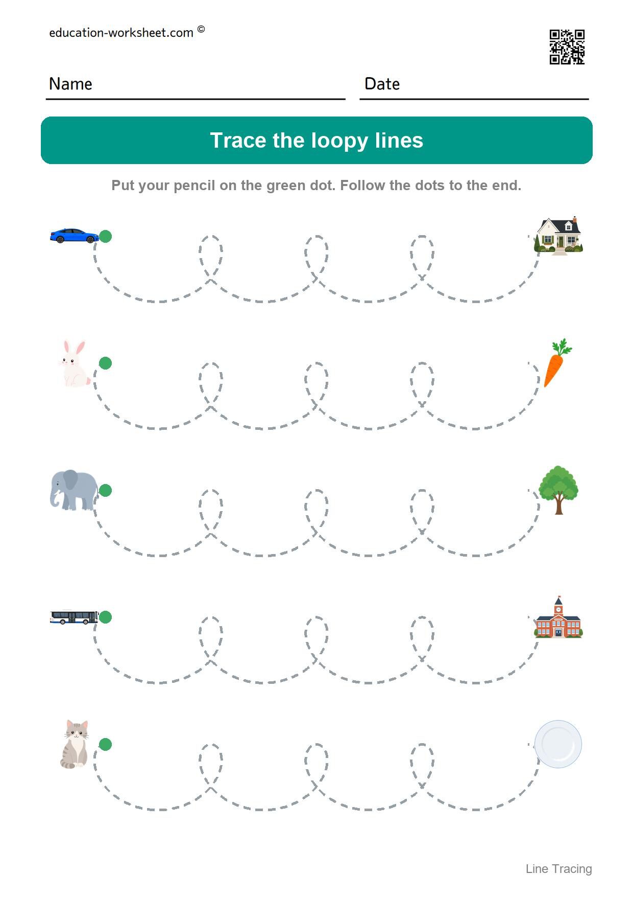 Trace the loopy lines (Set 6) - Free Line Tracing Worksheets for Preschool and Kindergarten