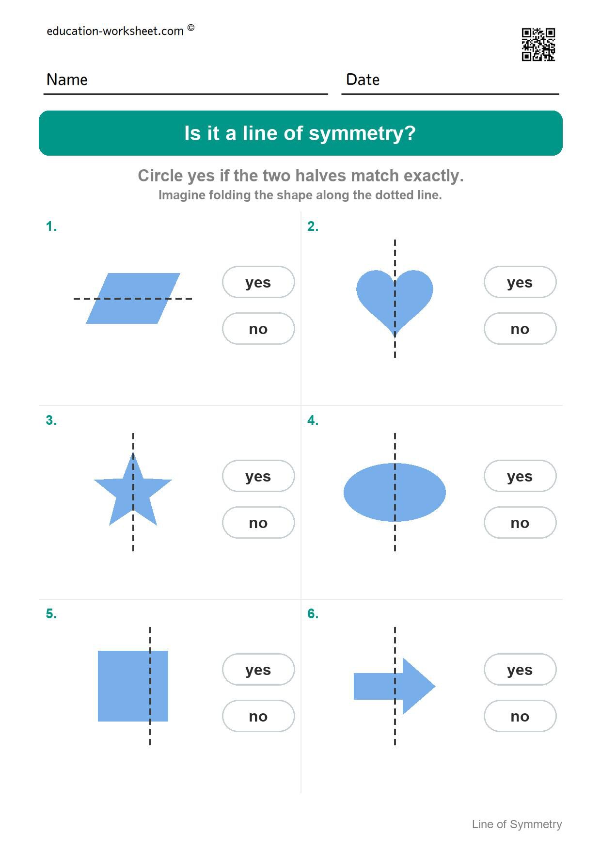 Is it a line of symmetry (Set 1) - Free Line of Symmetry Worksheets for Kindergarten - Yes or No