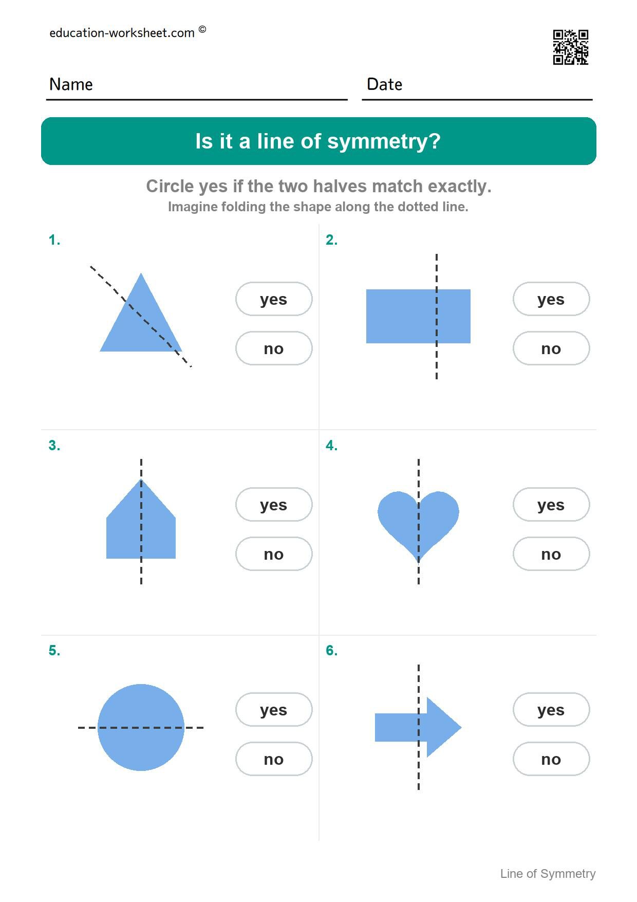 Is it a line of symmetry (Set 2) - Free Line of Symmetry Worksheets for Kindergarten - Yes or No