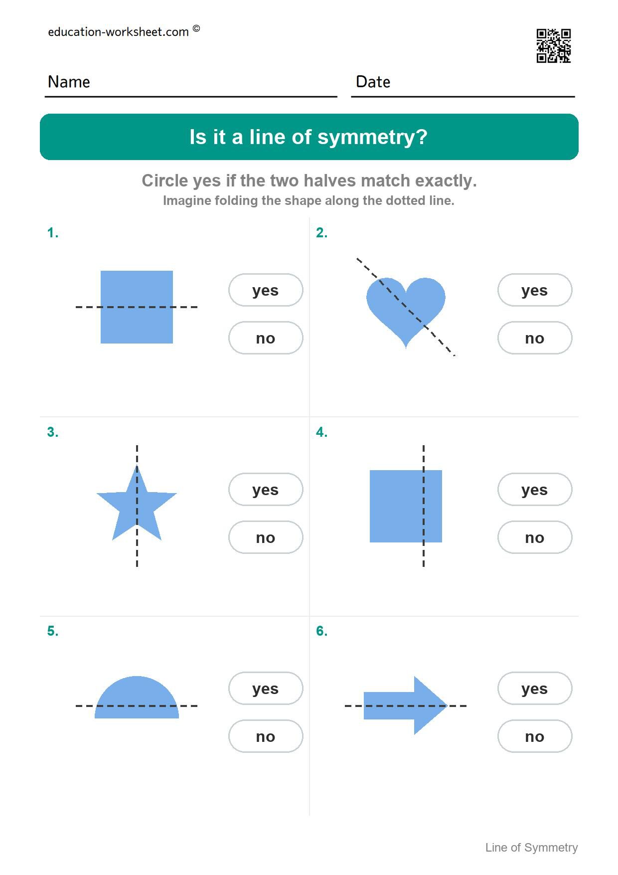 Is it a line of symmetry (Set 4) - Free Line of Symmetry Worksheets for Kindergarten - Yes or No
