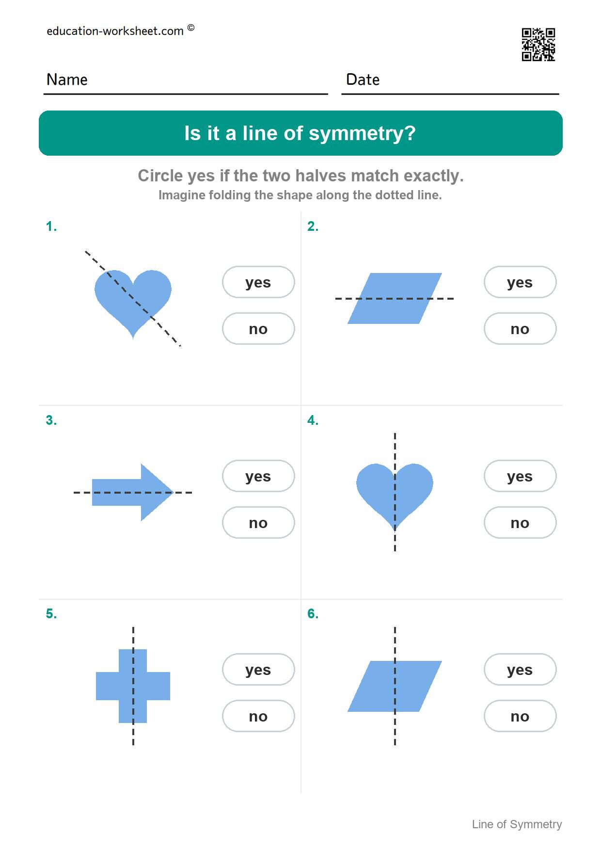 Is it a line of symmetry (Set 5) - Free Line of Symmetry Worksheets for Kindergarten - Yes or No