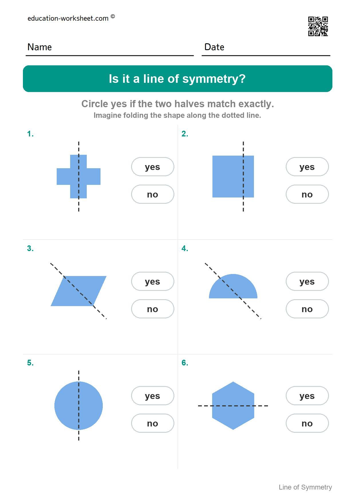 Is it a line of symmetry (Set 6) - Free Line of Symmetry Worksheets for Kindergarten - Yes or No
