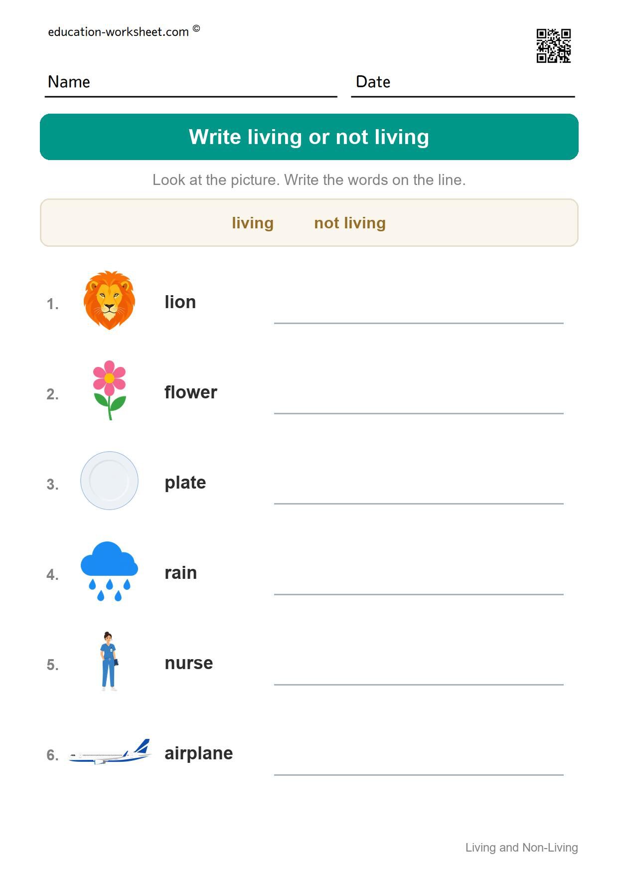 Write living or not living (Set 12) - Free Living and Non-Living Things Worksheets for Kindergarten