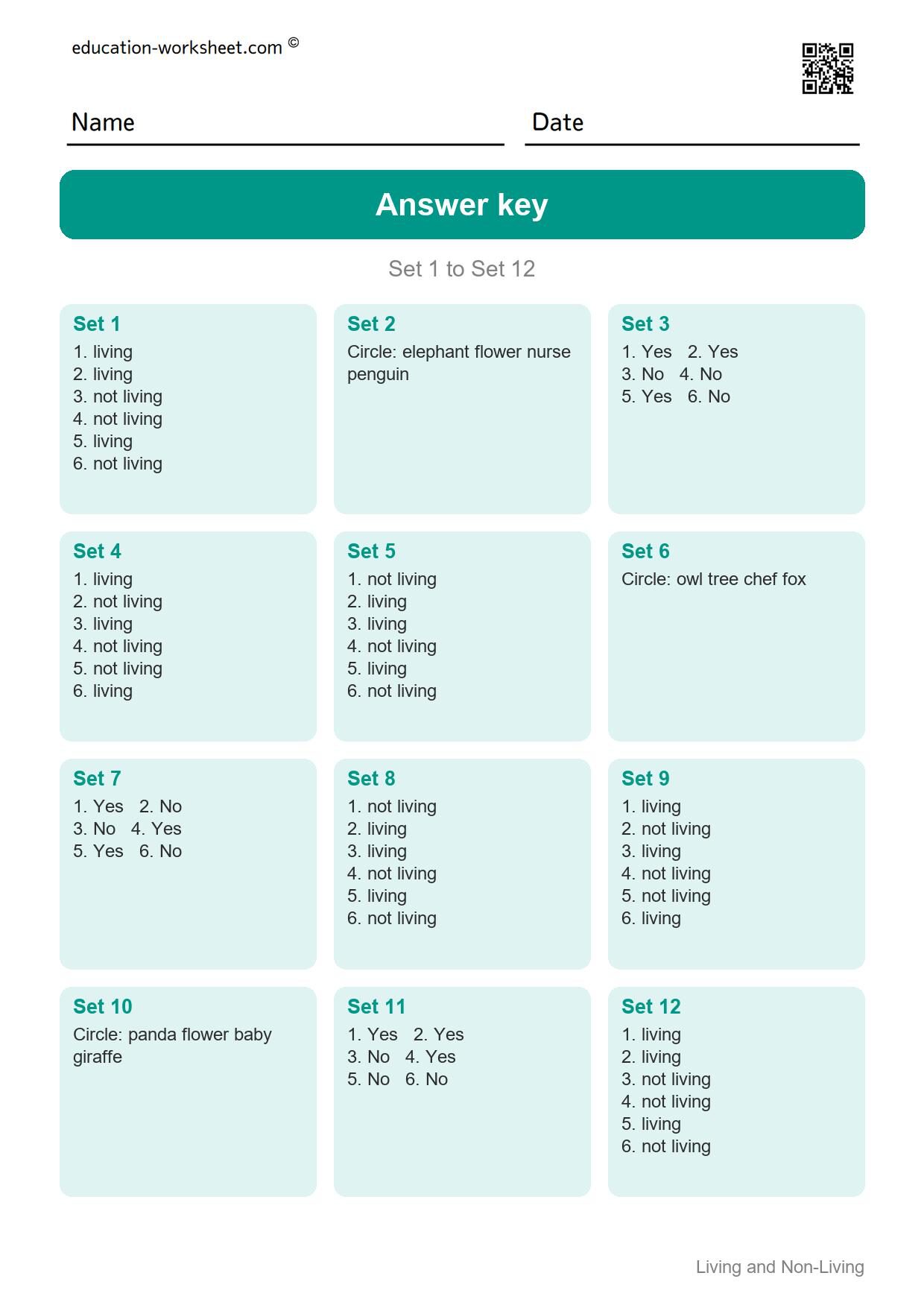 Answer key - Free Living and Non-Living Things Worksheets for Kindergarten