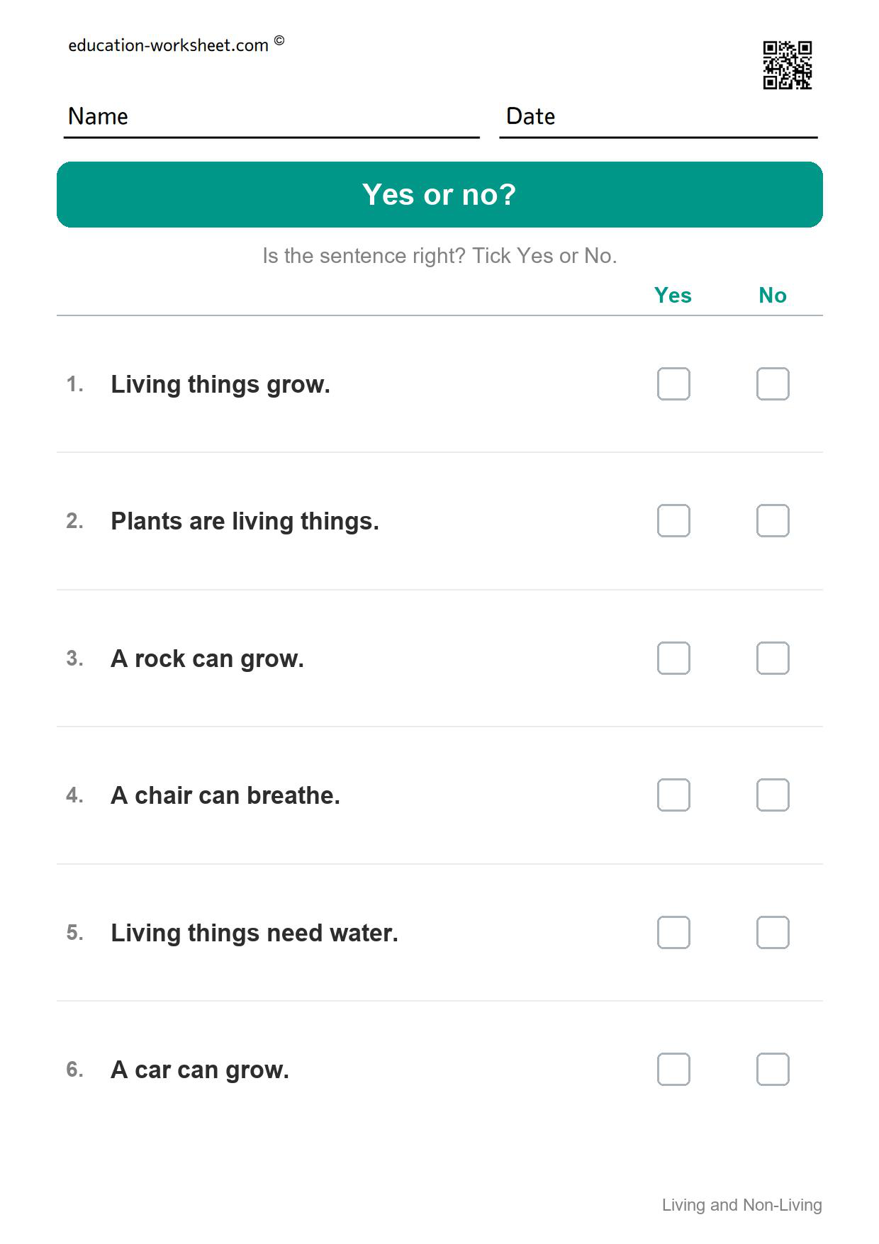 Yes or no? (Set 3) - Free Living and Non-Living Things Worksheets for Kindergarten