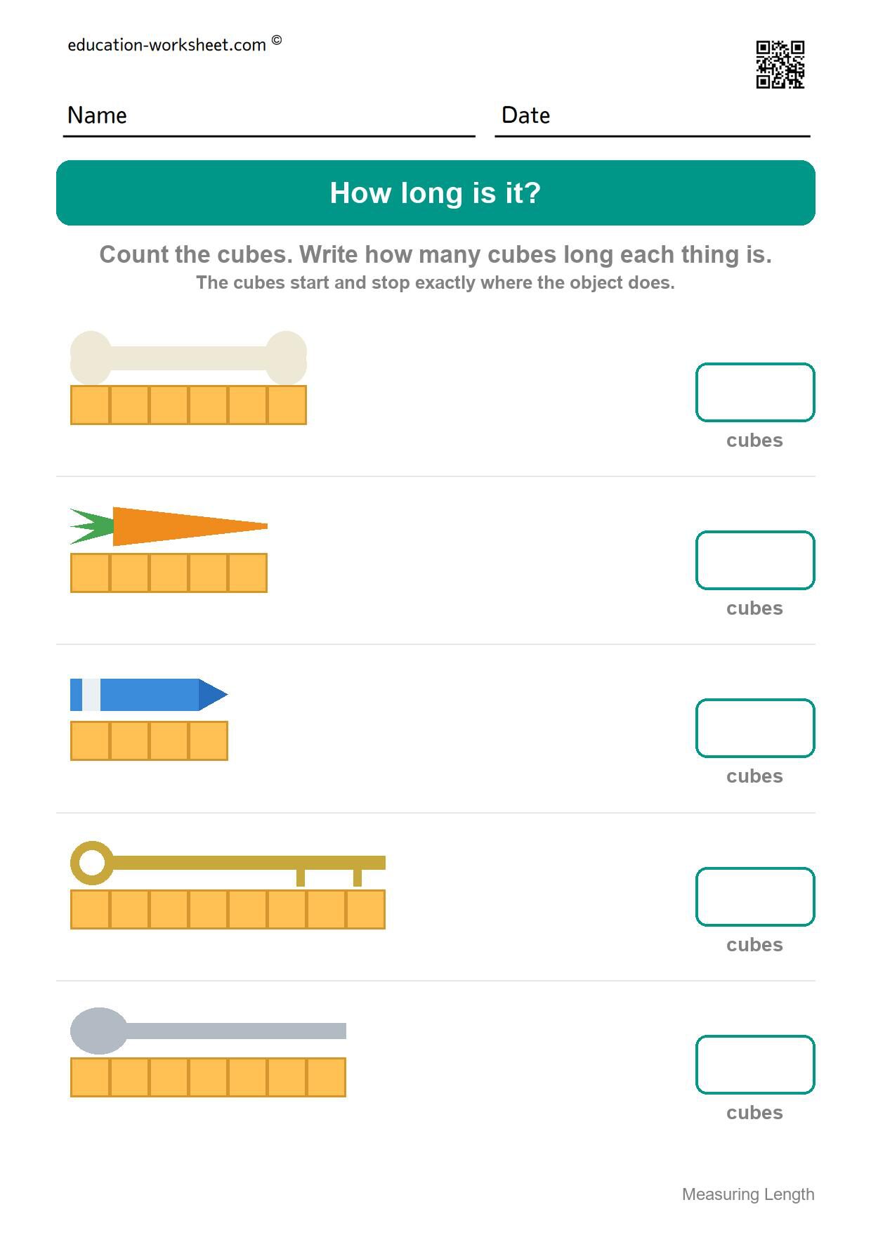 Measure with cubes (Set 1) - Free Measuring Length Worksheets for Kindergarten - How Many Cubes Long?