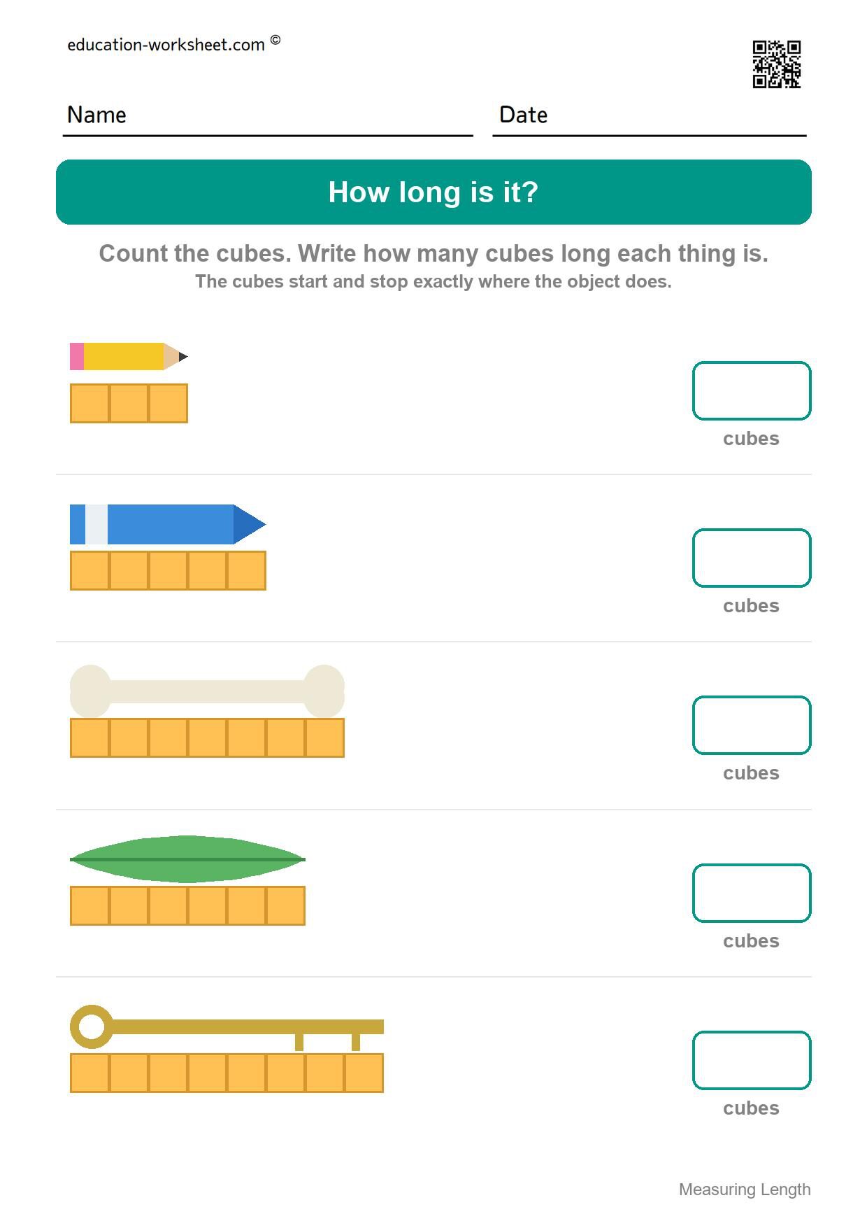 Measure with cubes (Set 10) - Free Measuring Length Worksheets for Kindergarten - How Many Cubes Long?