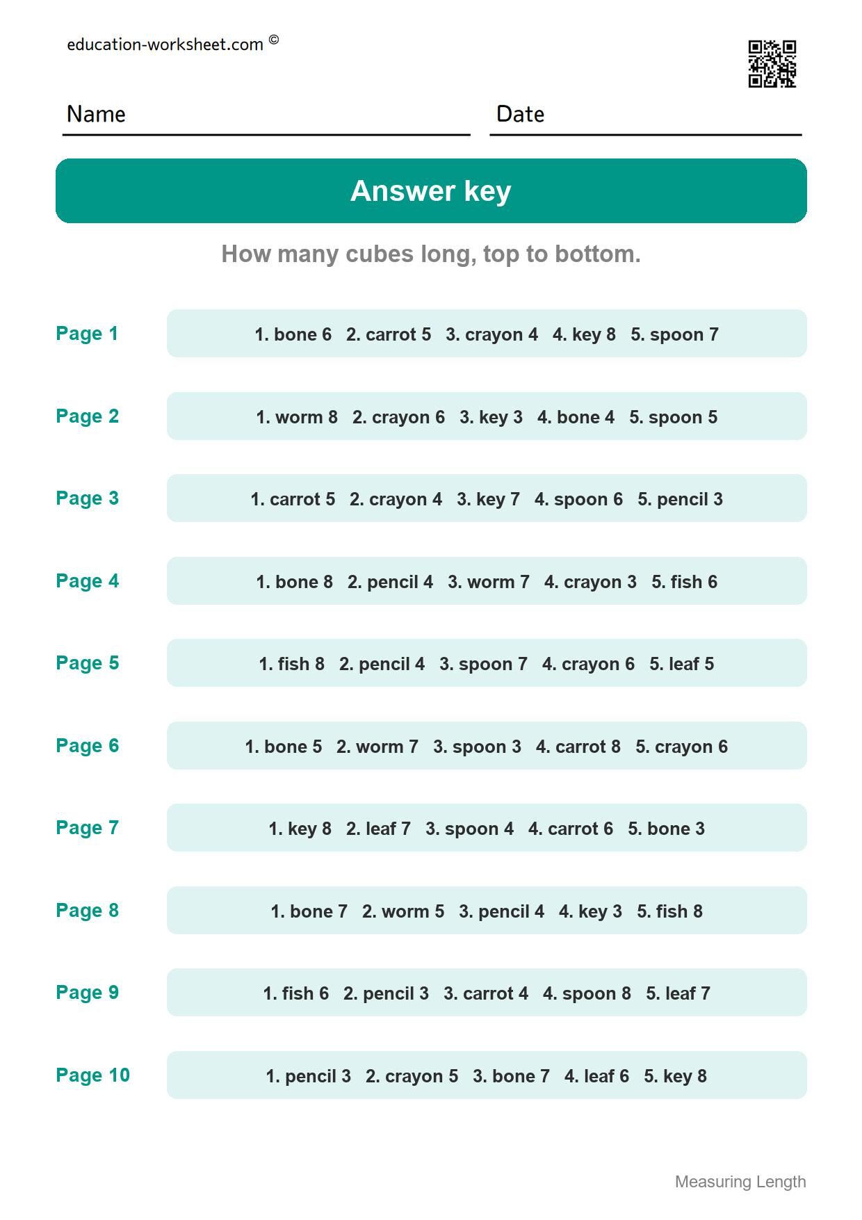 Answer key - all 10 pages - Free Measuring Length Worksheets for Kindergarten - How Many Cubes Long?