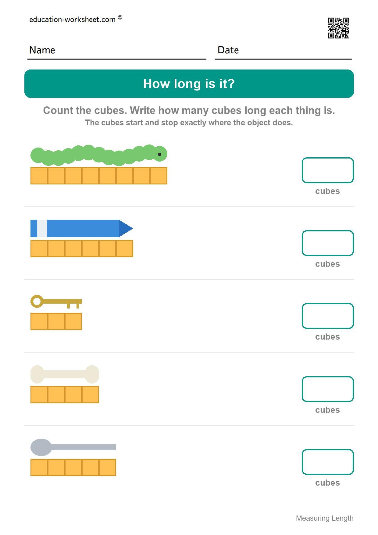 Measure with cubes (Set 2) - Free Measuring Length Worksheets for Kindergarten - How Many Cubes Long?