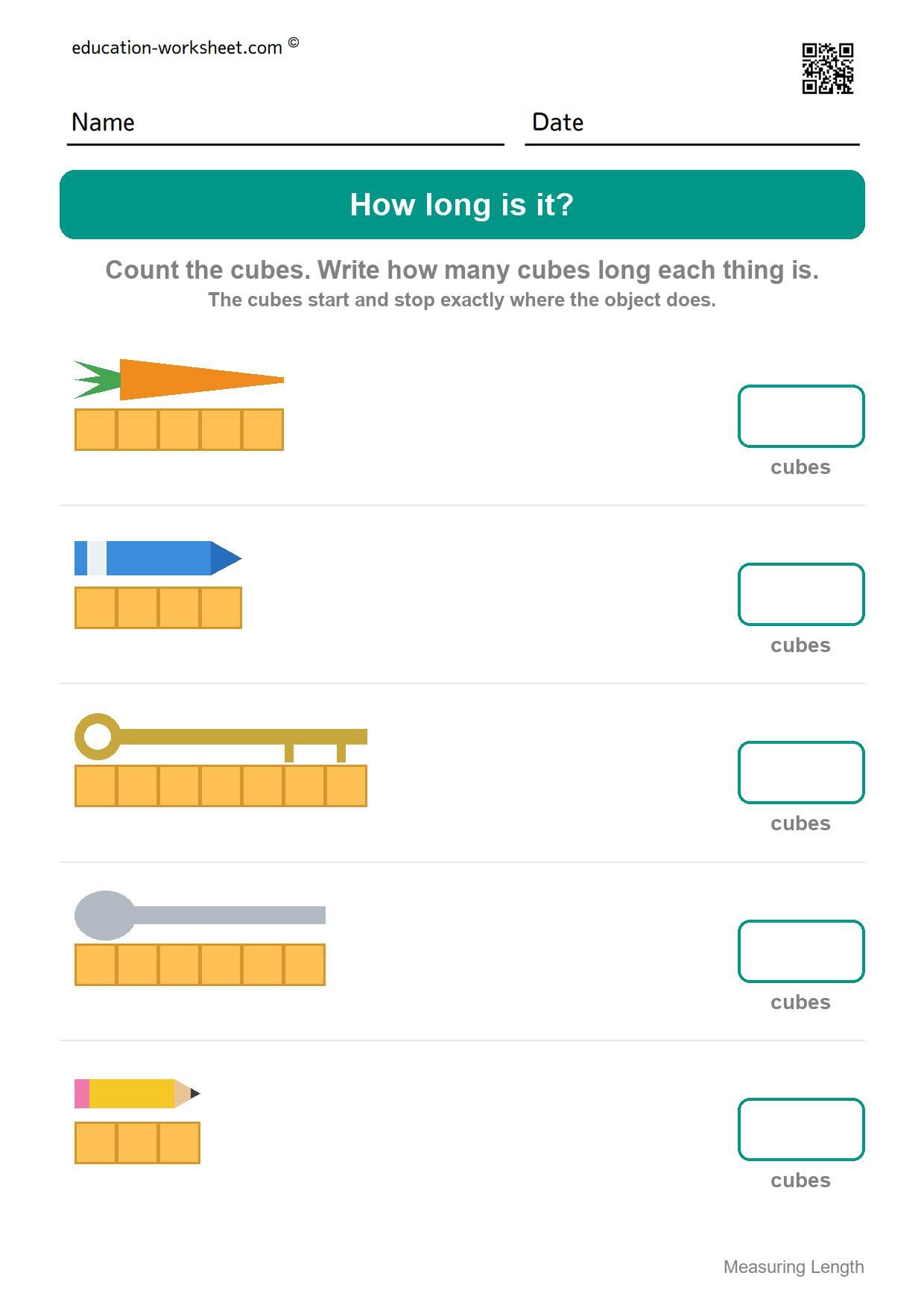 Measure with cubes (Set 3) - Free Measuring Length Worksheets for Kindergarten - How Many Cubes Long?