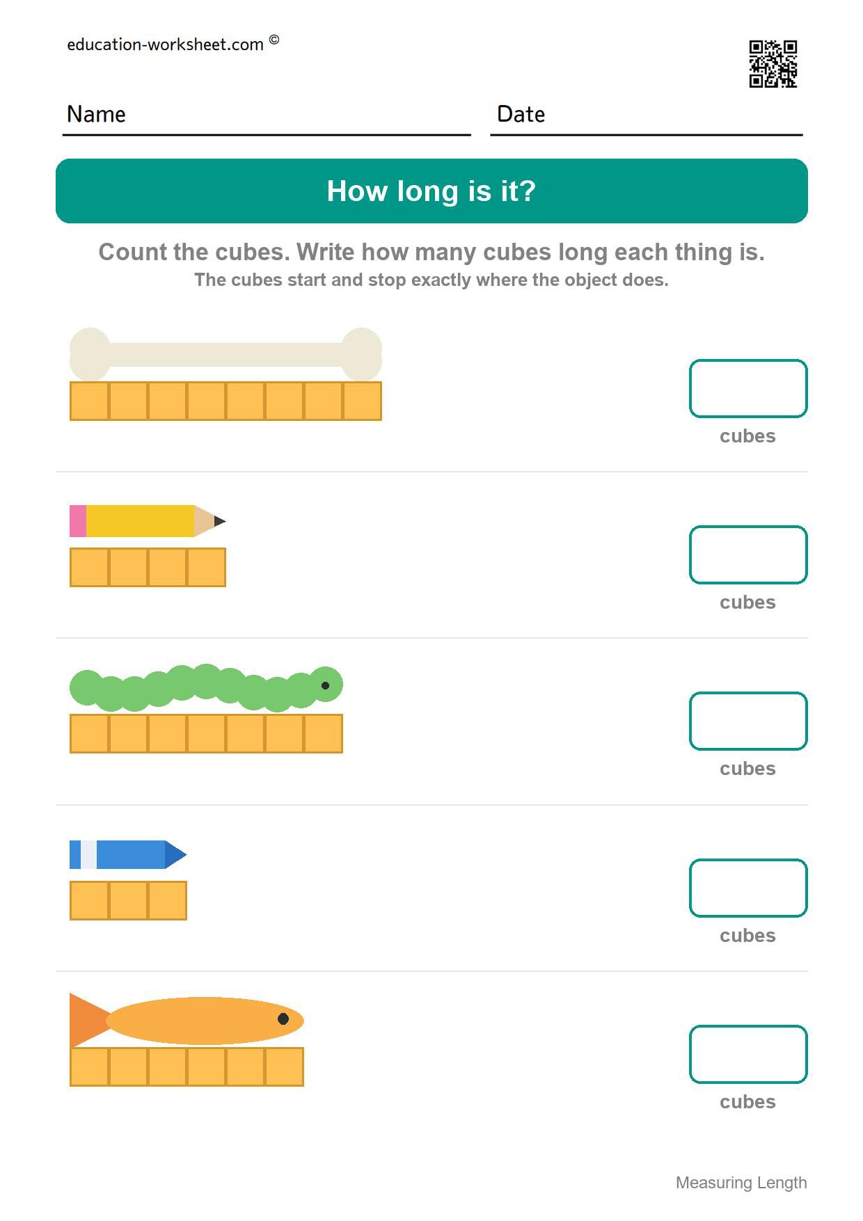 Measure with cubes (Set 4) - Free Measuring Length Worksheets for Kindergarten - How Many Cubes Long?