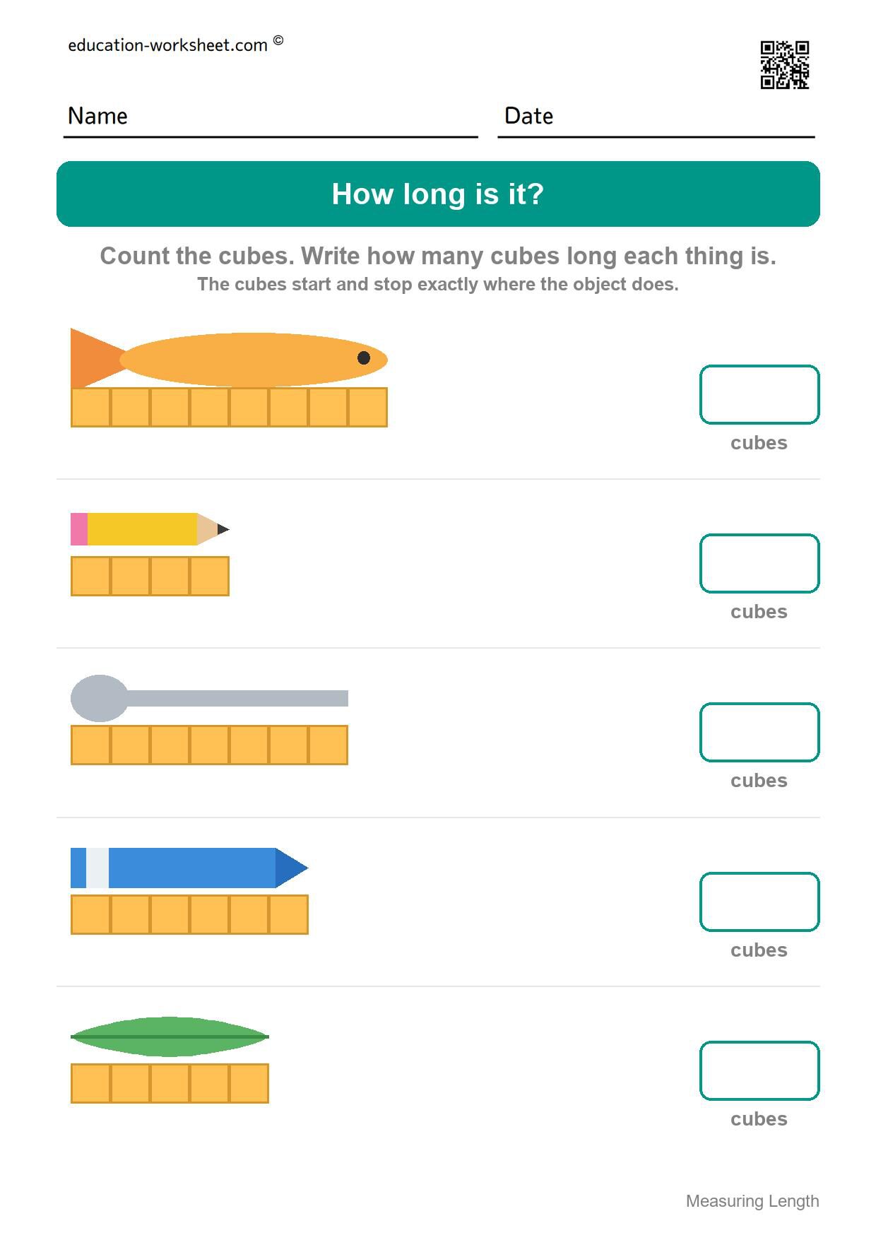 Measure with cubes (Set 5) - Free Measuring Length Worksheets for Kindergarten - How Many Cubes Long?