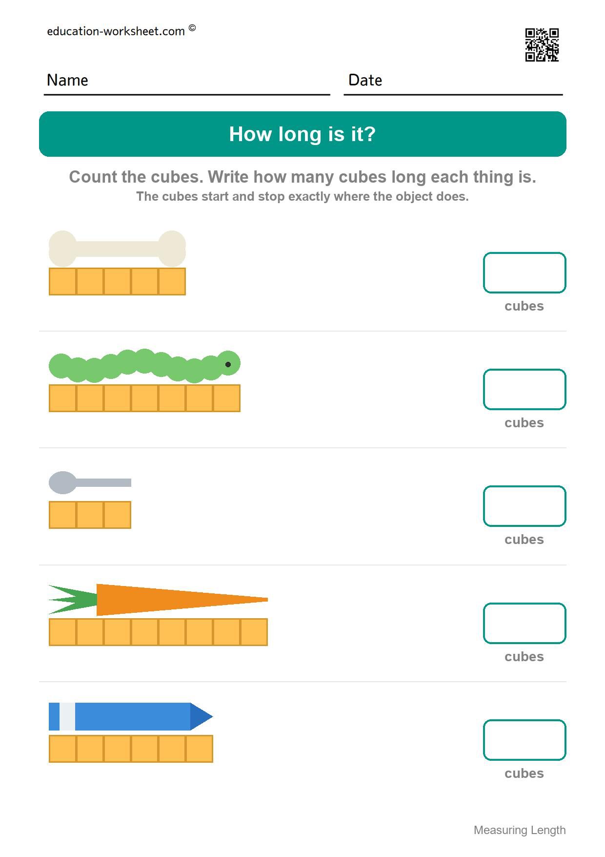 Measure with cubes (Set 6) - Free Measuring Length Worksheets for Kindergarten - How Many Cubes Long?
