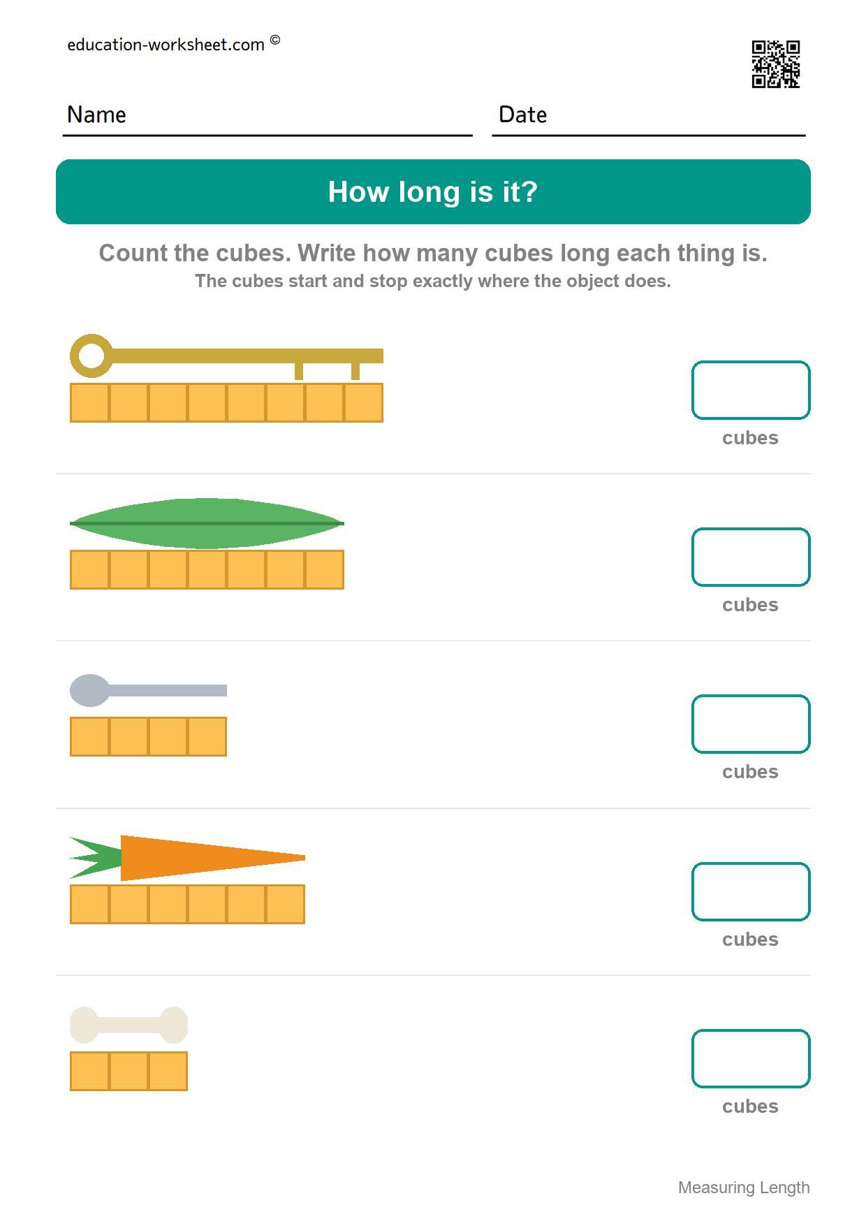 Measure with cubes (Set 7) - Free Measuring Length Worksheets for Kindergarten - How Many Cubes Long?