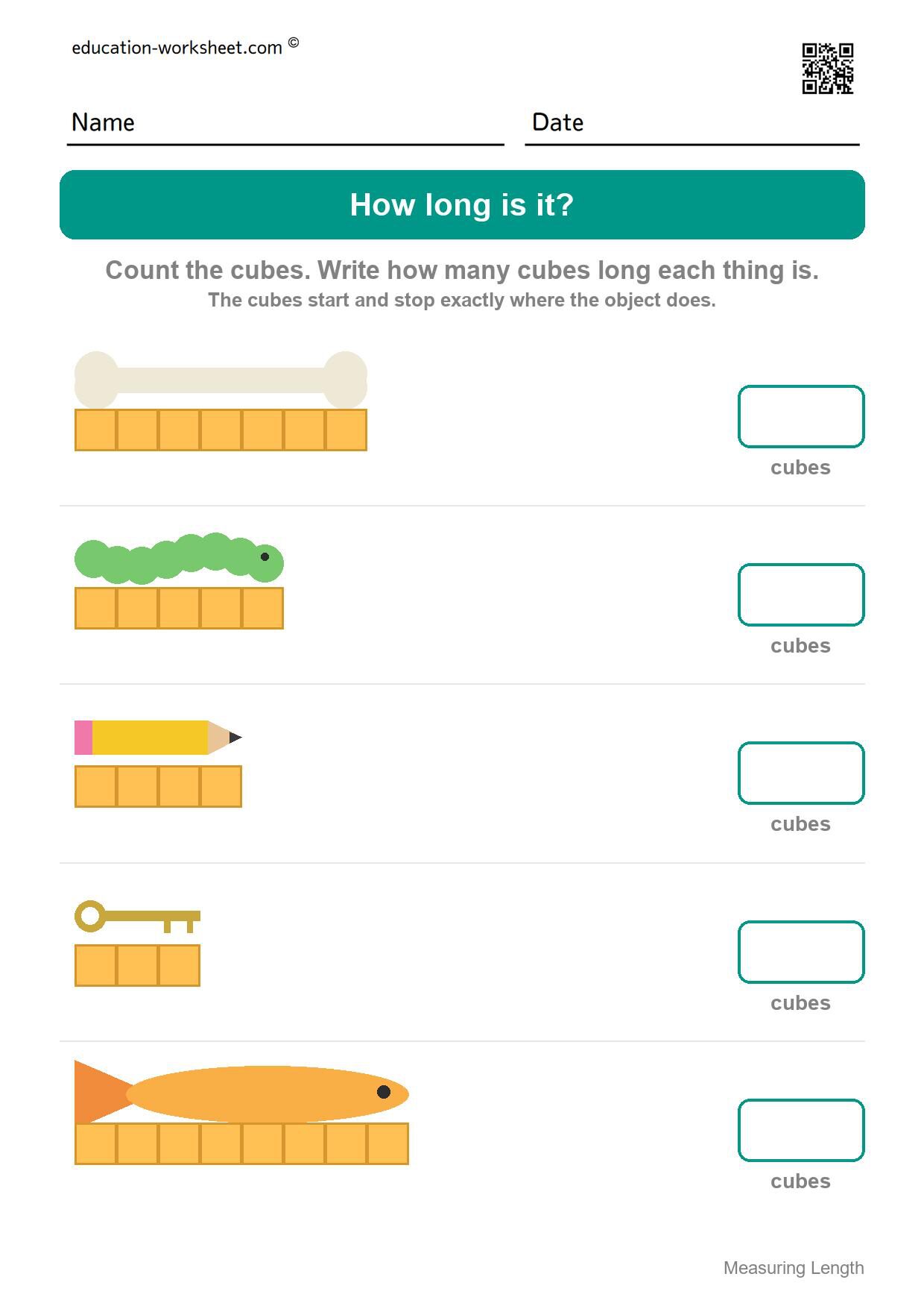 Measure with cubes (Set 8) - Free Measuring Length Worksheets for Kindergarten - How Many Cubes Long?