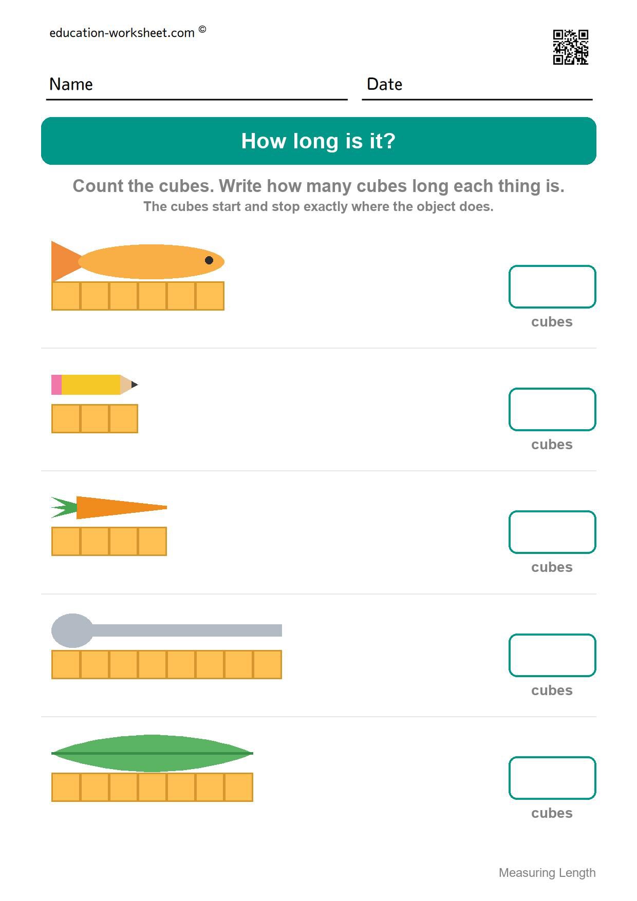 Measure with cubes (Set 9) - Free Measuring Length Worksheets for Kindergarten - How Many Cubes Long?
