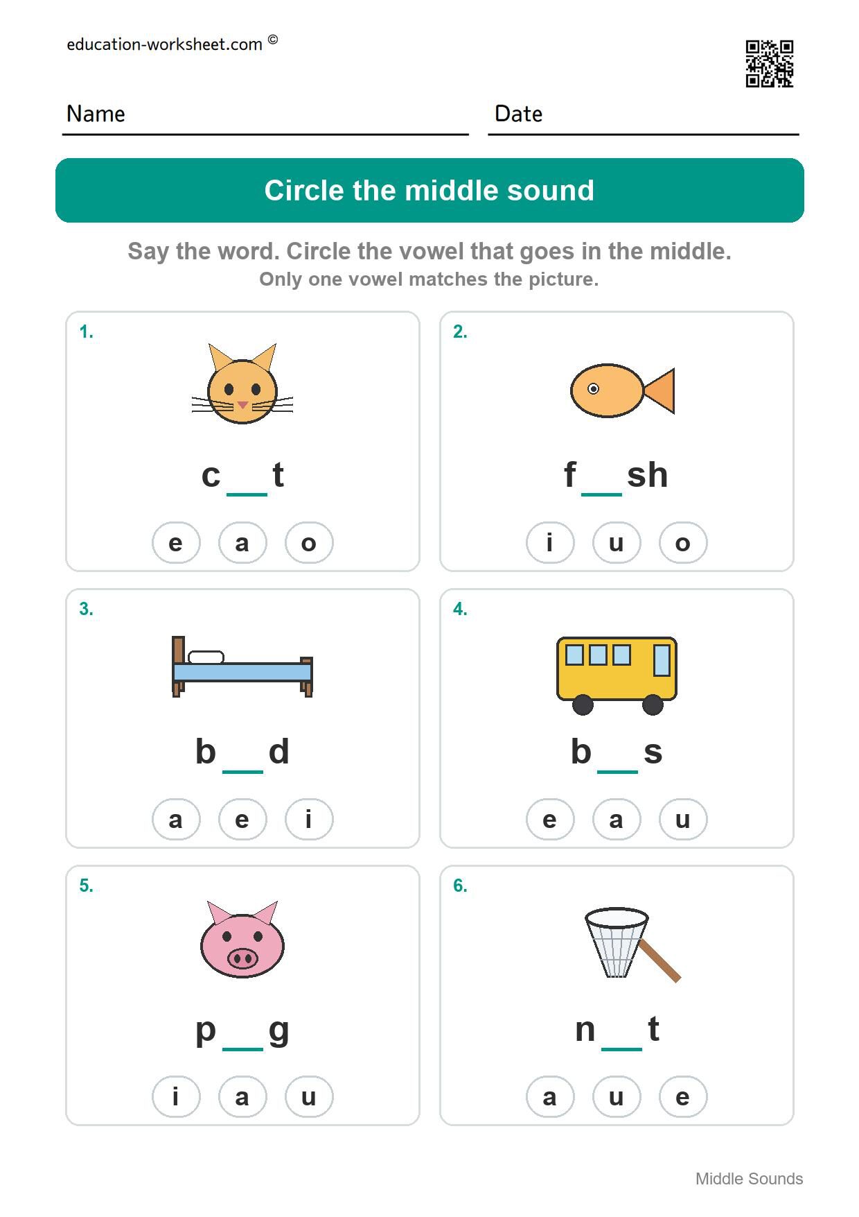 Circle the middle sound (Set 9) - Free Middle Sounds Worksheets for Kindergarten - Short Vowels