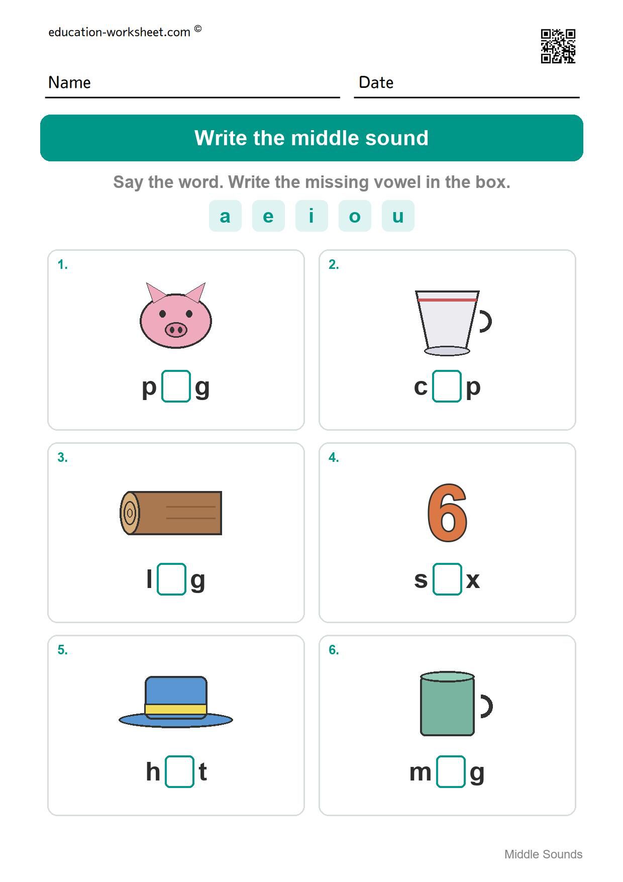 Write the middle sound (Set 10) - Free Middle Sounds Worksheets for Kindergarten - Short Vowels