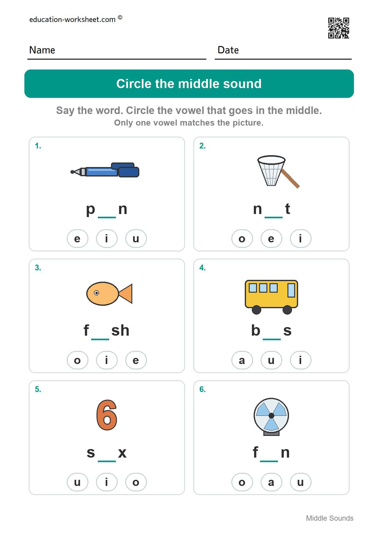 Circle the middle sound (Set 1) - Free Middle Sounds Worksheets for Kindergarten - Short Vowels