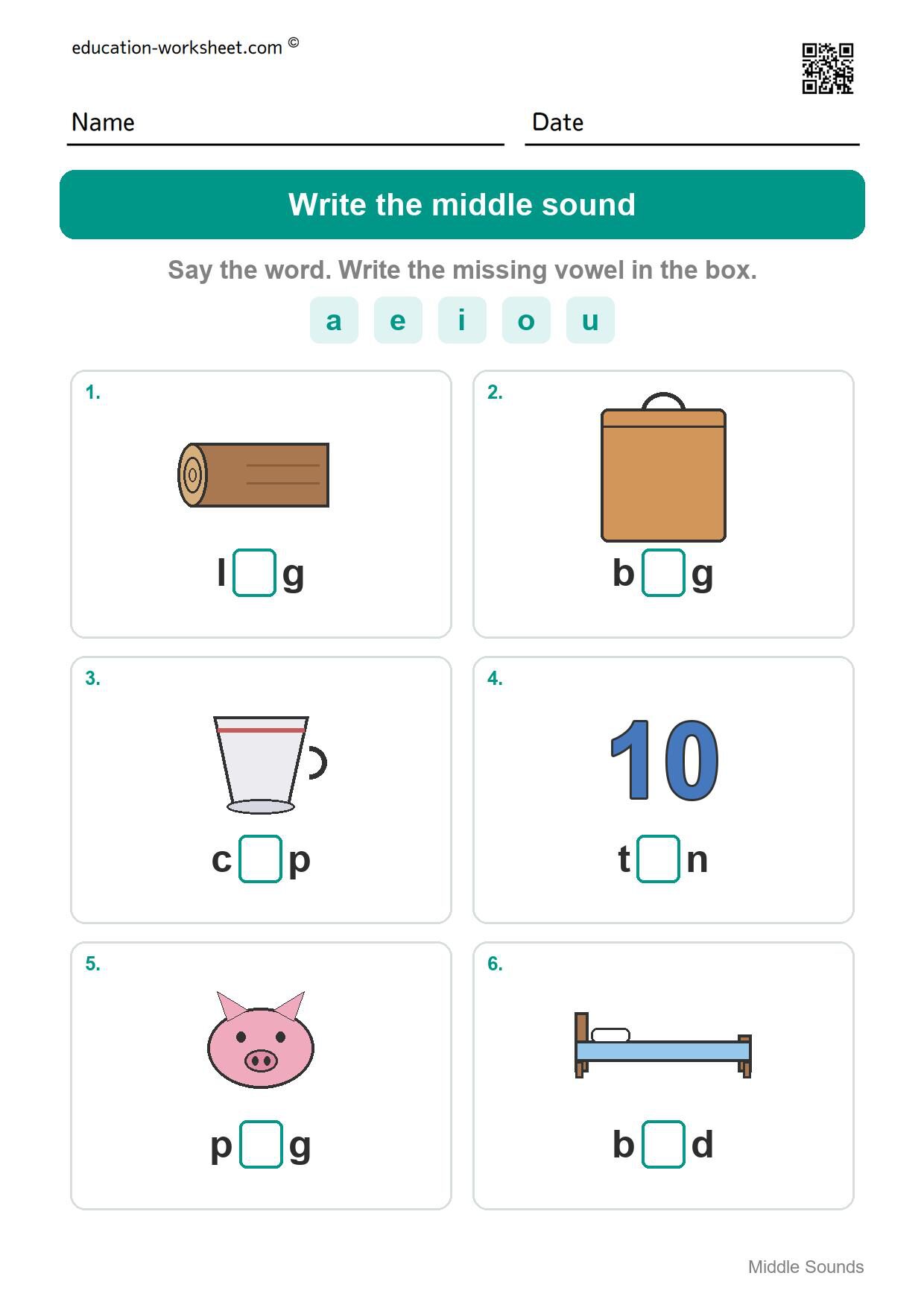Write the middle sound (Set 2) - Free Middle Sounds Worksheets for Kindergarten - Short Vowels