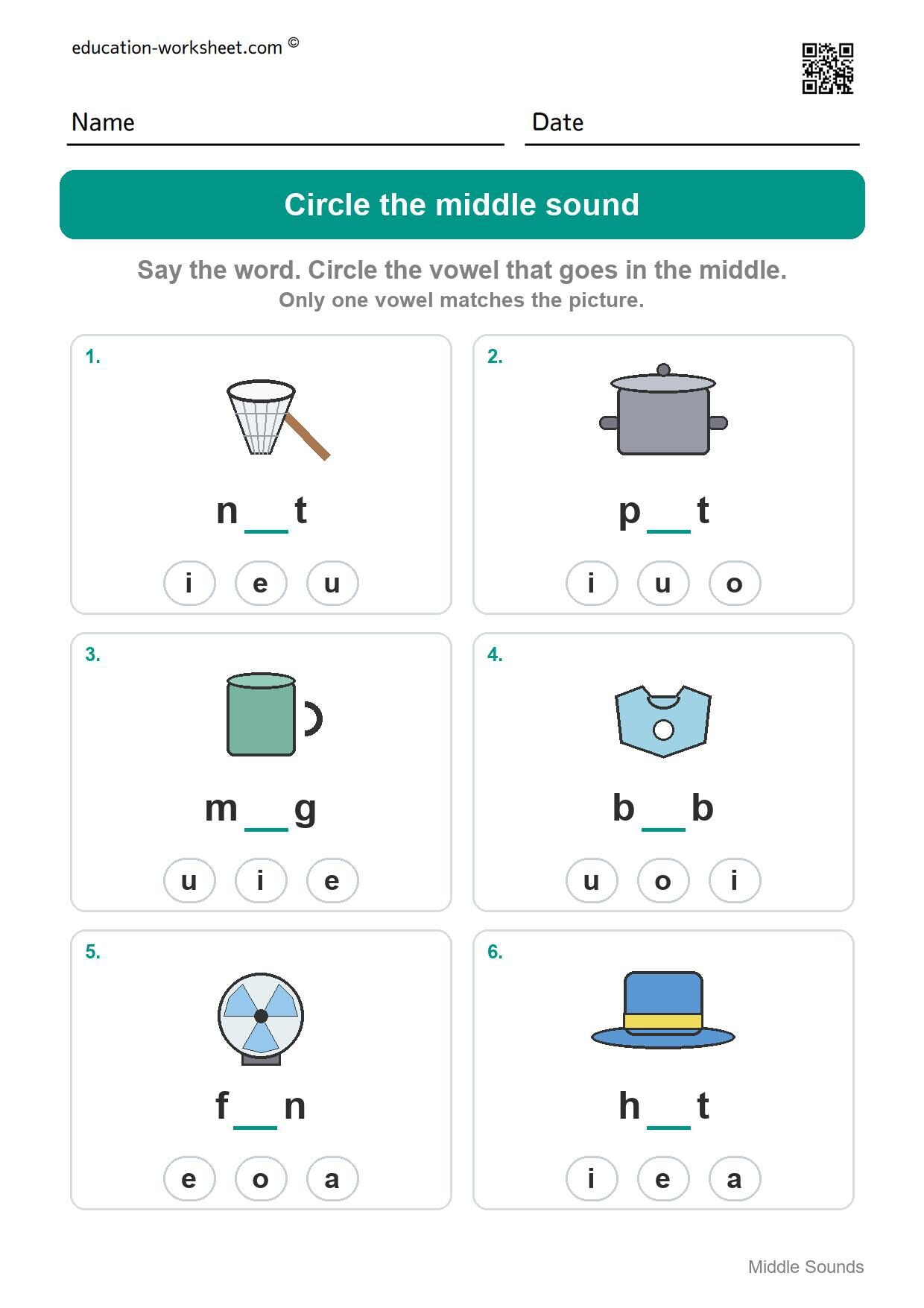 Circle the middle sound (Set 3) - Free Middle Sounds Worksheets for Kindergarten - Short Vowels