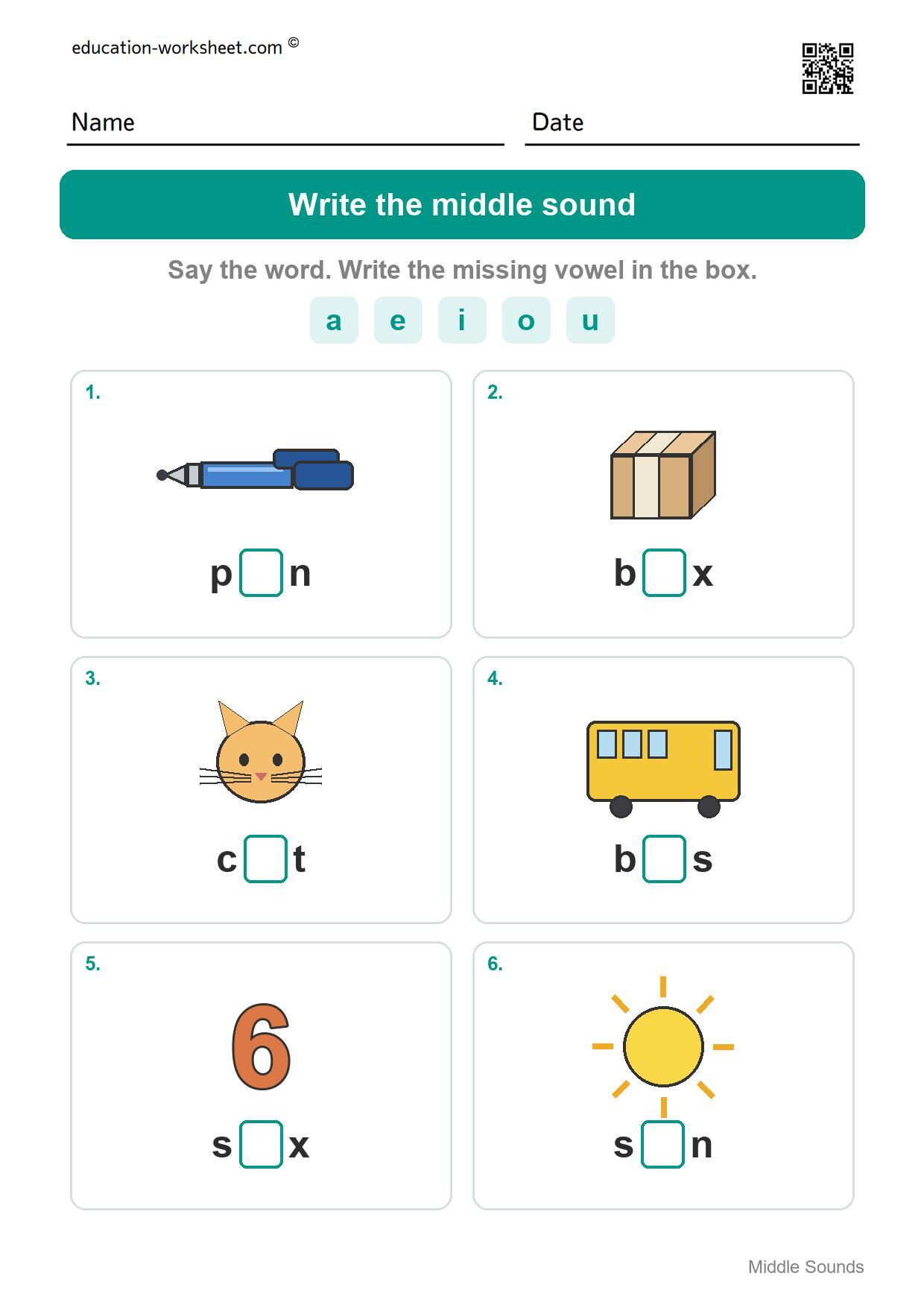Write the middle sound (Set 4) - Free Middle Sounds Worksheets for Kindergarten - Short Vowels