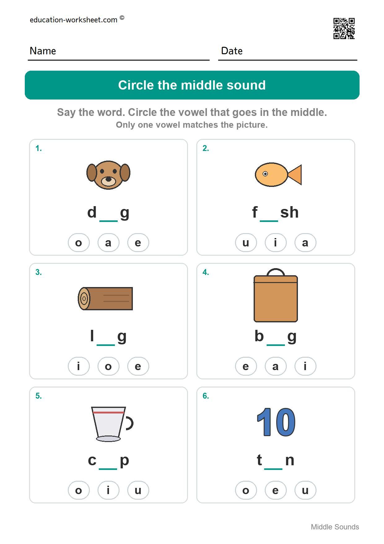 Circle the middle sound (Set 5) - Free Middle Sounds Worksheets for Kindergarten - Short Vowels