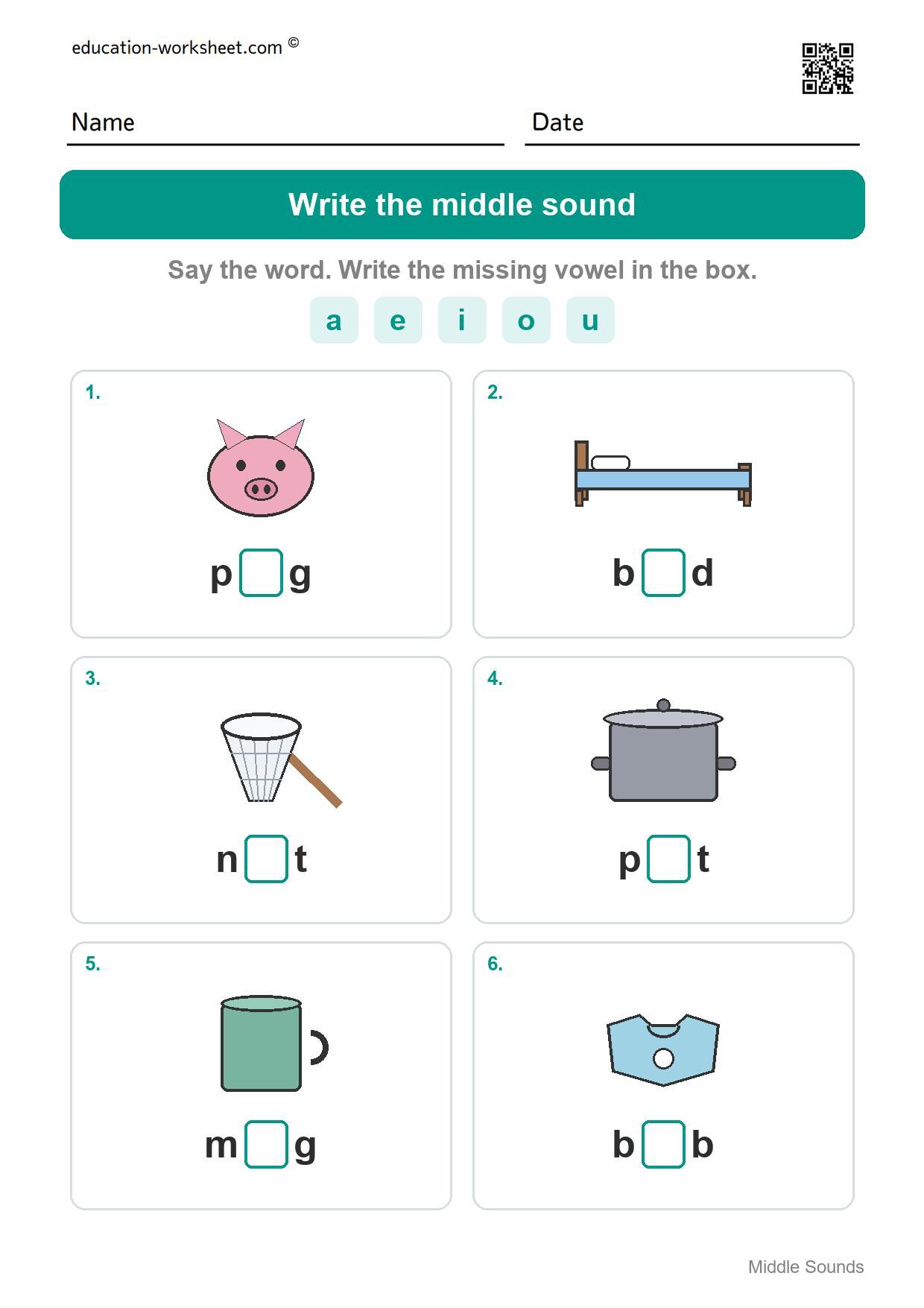 Write the middle sound (Set 6) - Free Middle Sounds Worksheets for Kindergarten - Short Vowels
