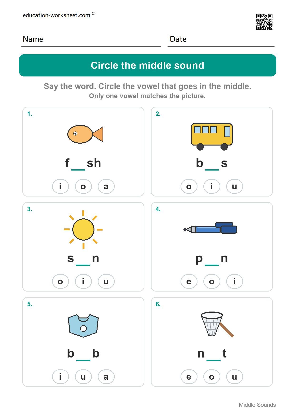 Circle the middle sound (Set 7) - Free Middle Sounds Worksheets for Kindergarten - Short Vowels