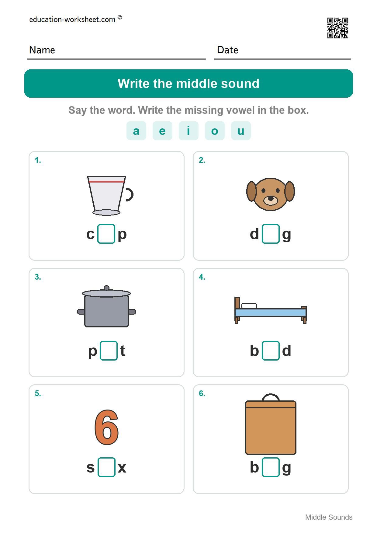 Write the middle sound (Set 8) - Free Middle Sounds Worksheets for Kindergarten - Short Vowels