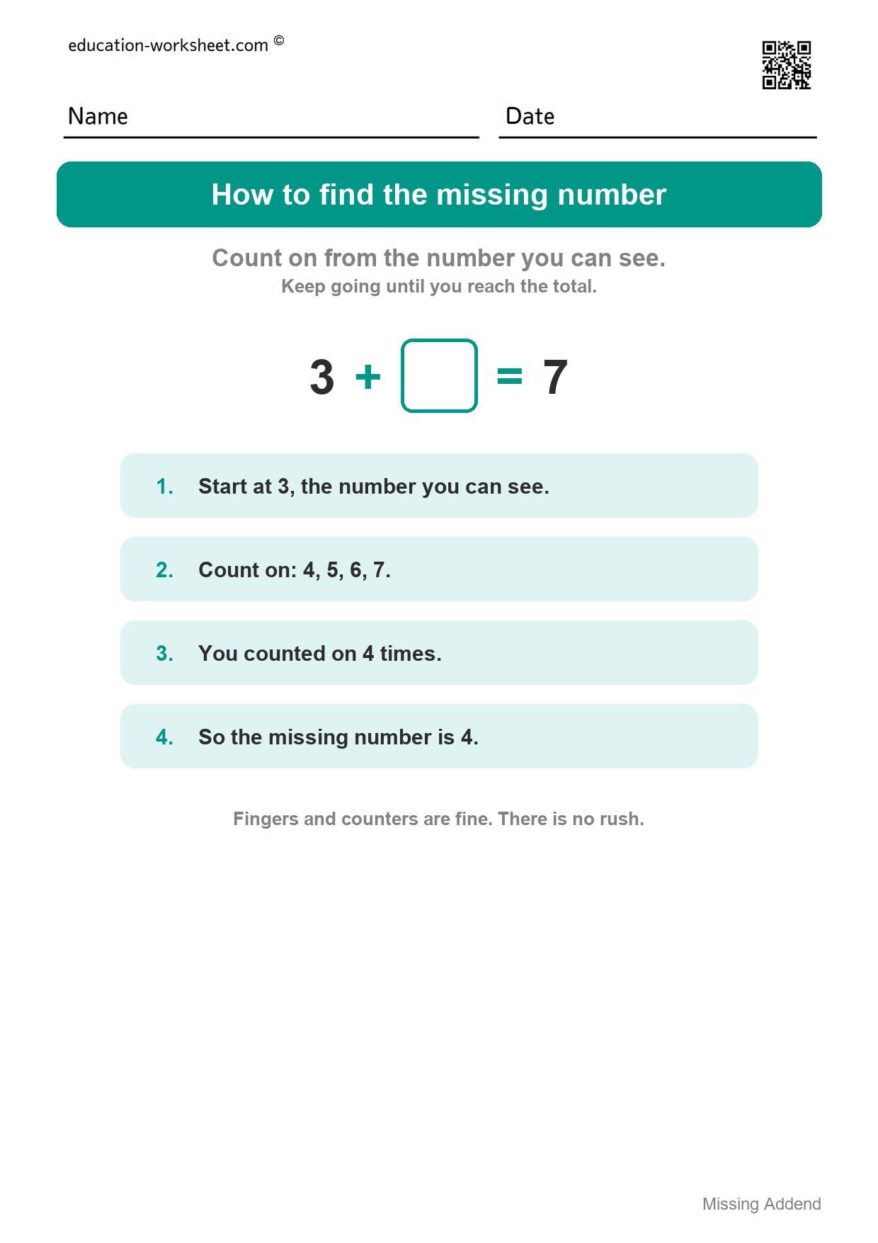 How to find the missing number - counting on - Free Missing Addend Worksheets for Kindergarten - Sums to 20
